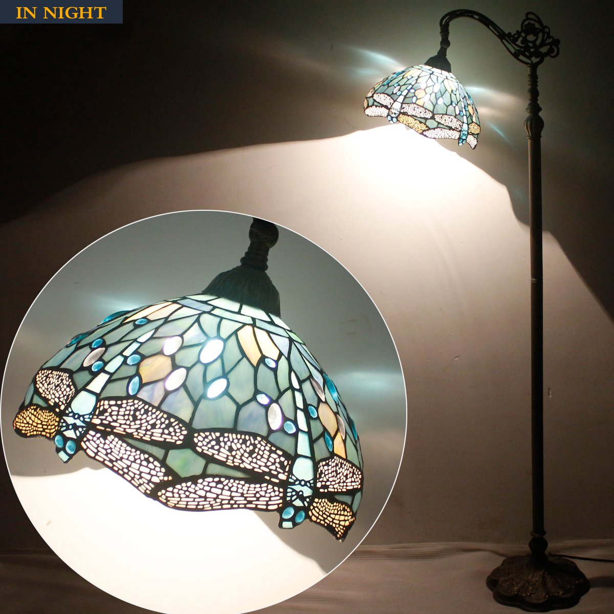 Tiffany Floor Lamp Sea Blue Stained Glass Dragonfly Arched Lamp 12X18X64 Inches