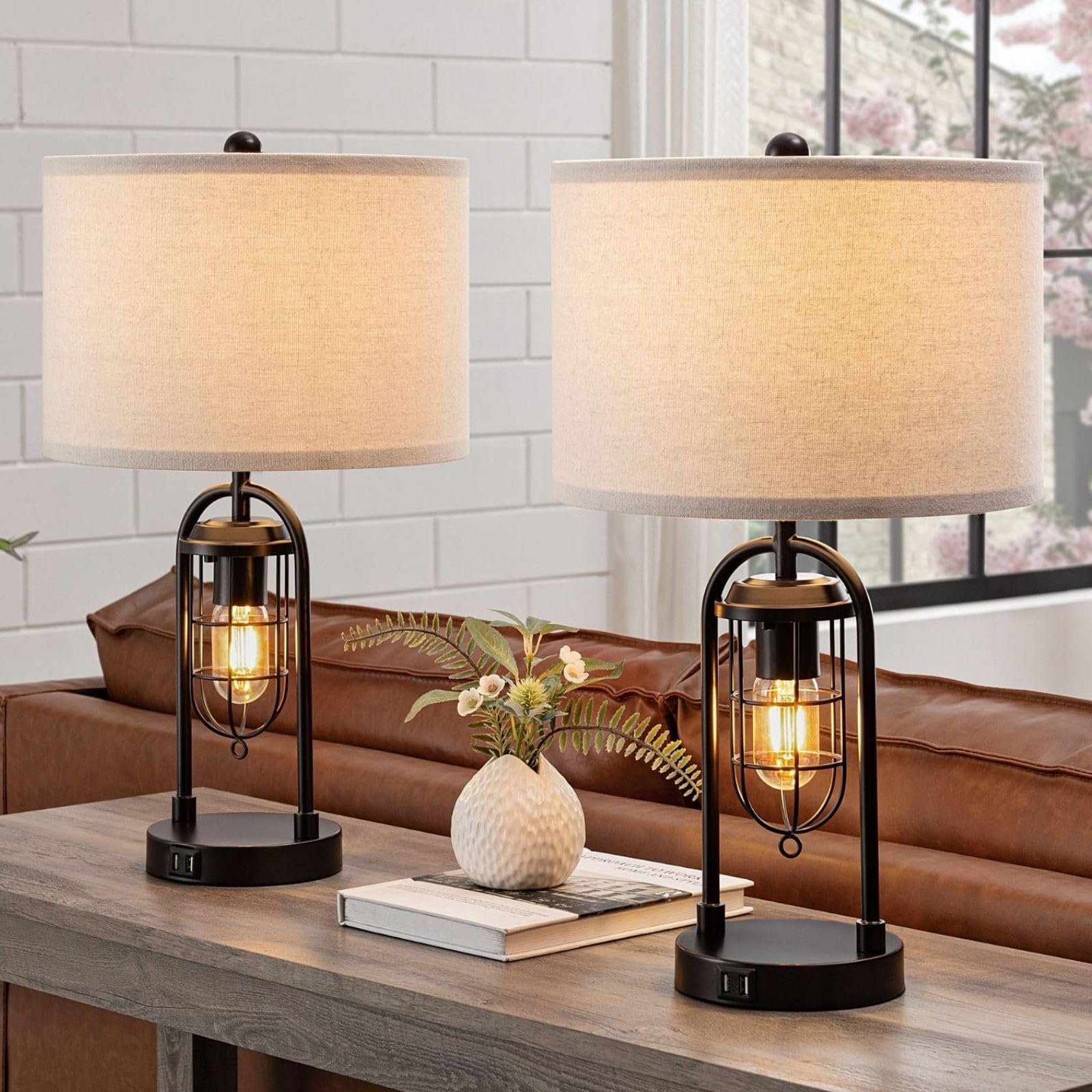 Set of 2 Farmhouse Table Lamps with USB Ports and Modern Nightstand