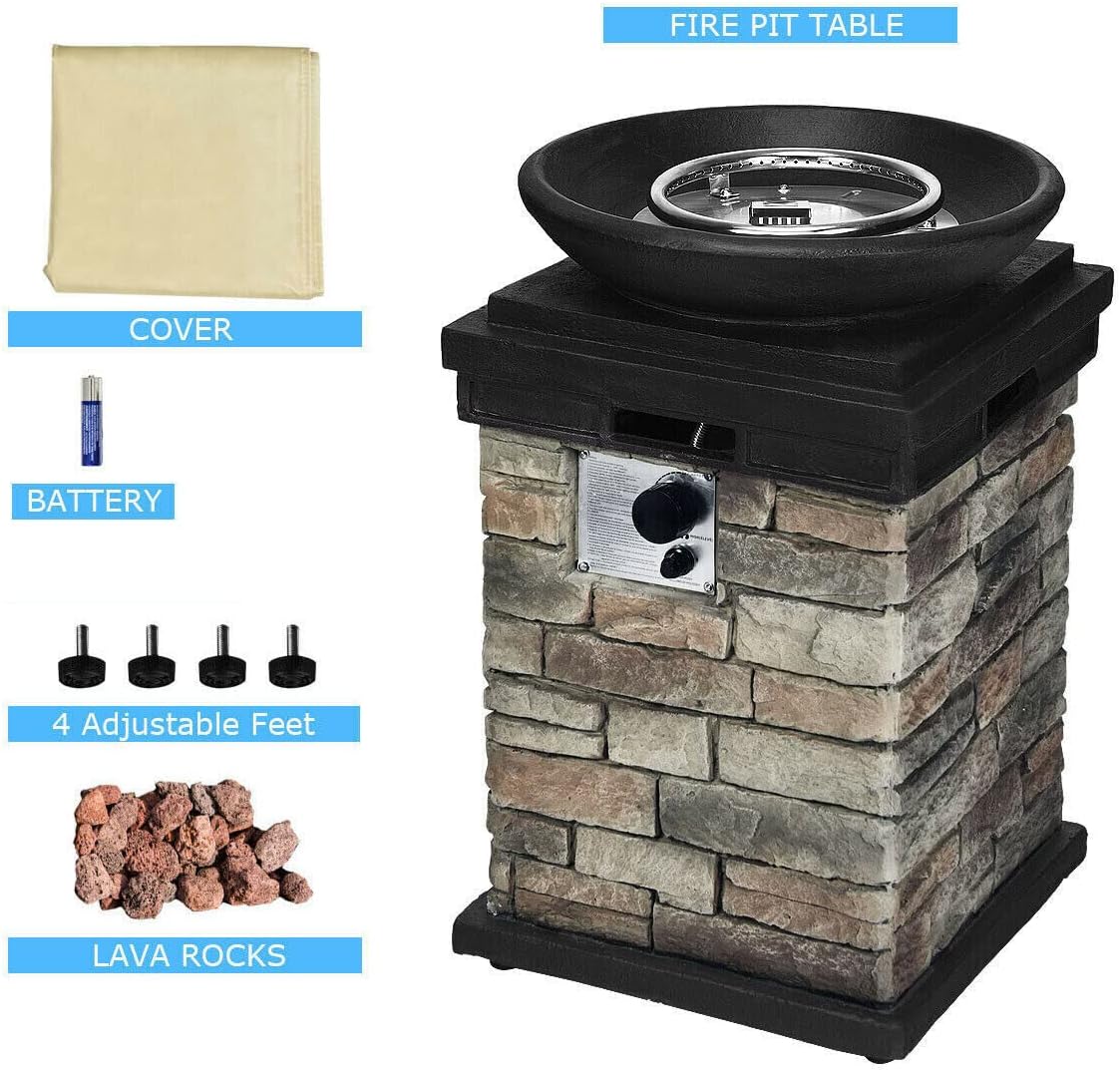 Propane Firebowl Column, 40,000 BTU Outdoor Gas Fire Pit, Compact Ledgestone Firepit