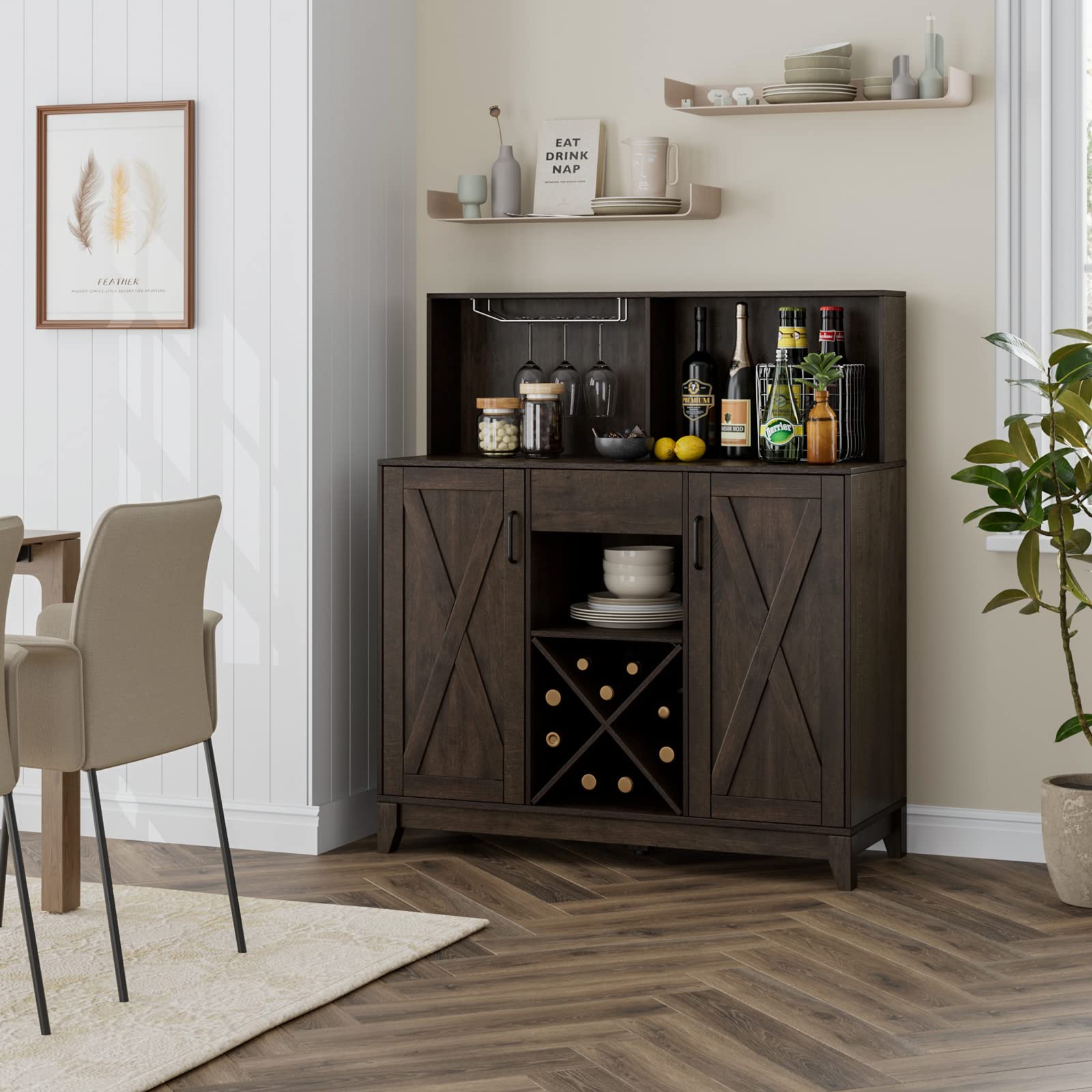 Wine Bar Cabinet for Liquor and Glasses, Barn Doors Wine Cabinet with Adjustable Storage