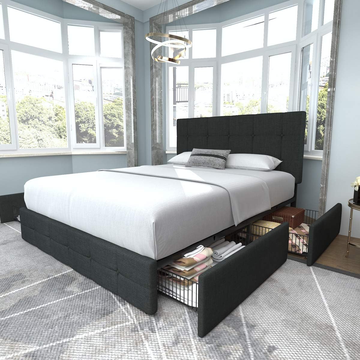 Upholstered Queen Size Platform Bed Frame with 4 Storage Drawers and Headboard