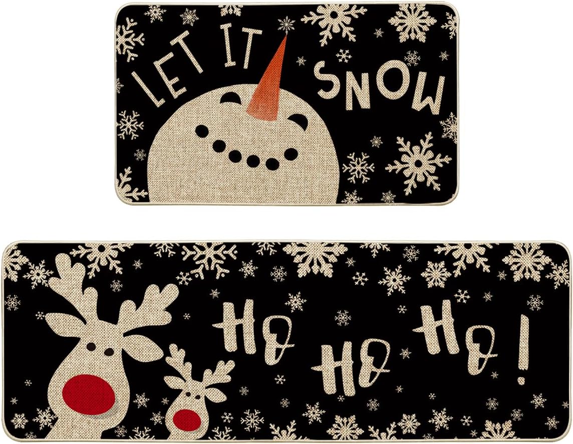 Snowman Deer Let It Snow Snowflake Christmas Kitchen Mats Set of 2, Winter Decor