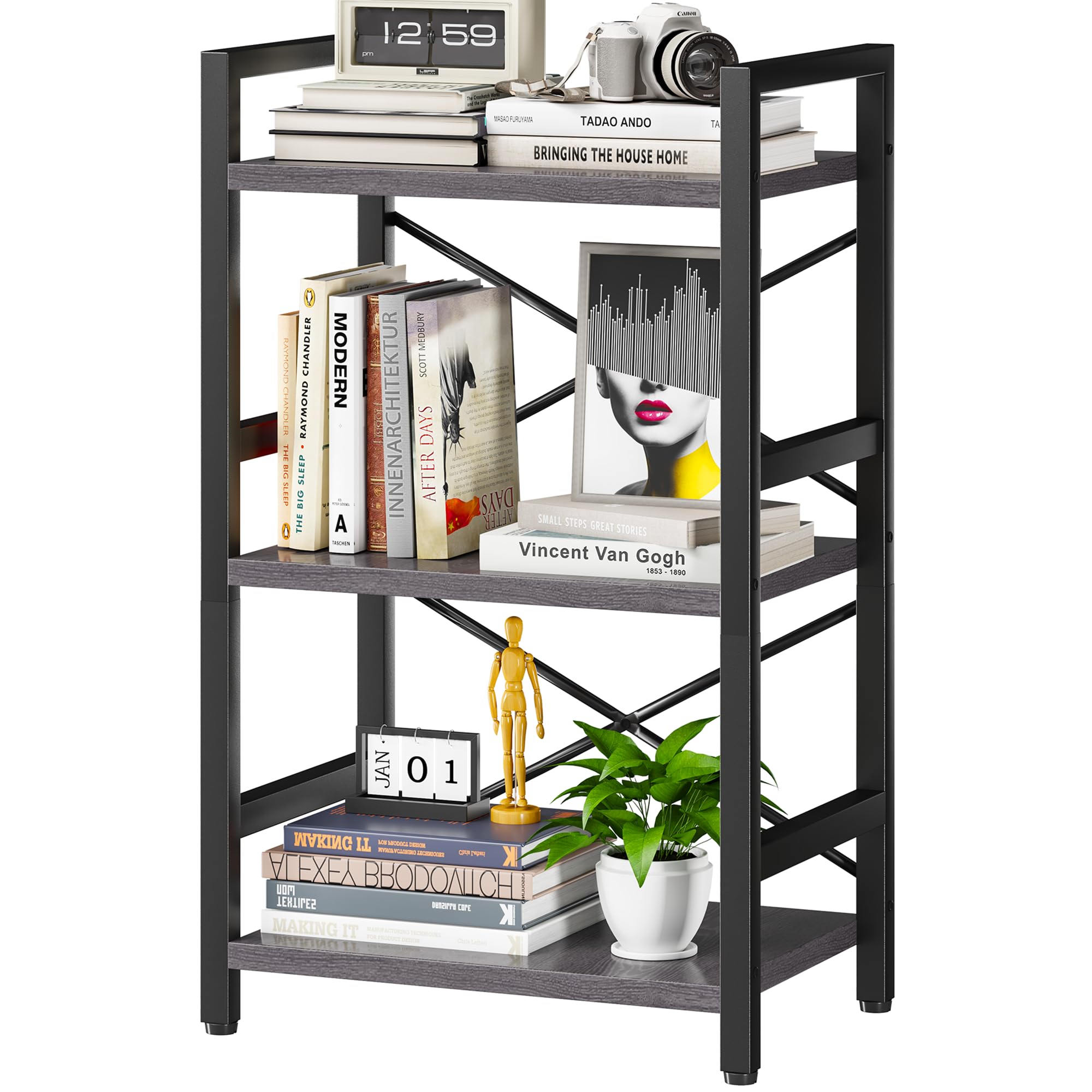 3 Tier Industrial Bookcase, Metal Small Bookcase, Rustic Etagere Book Shelf Storage Organizer