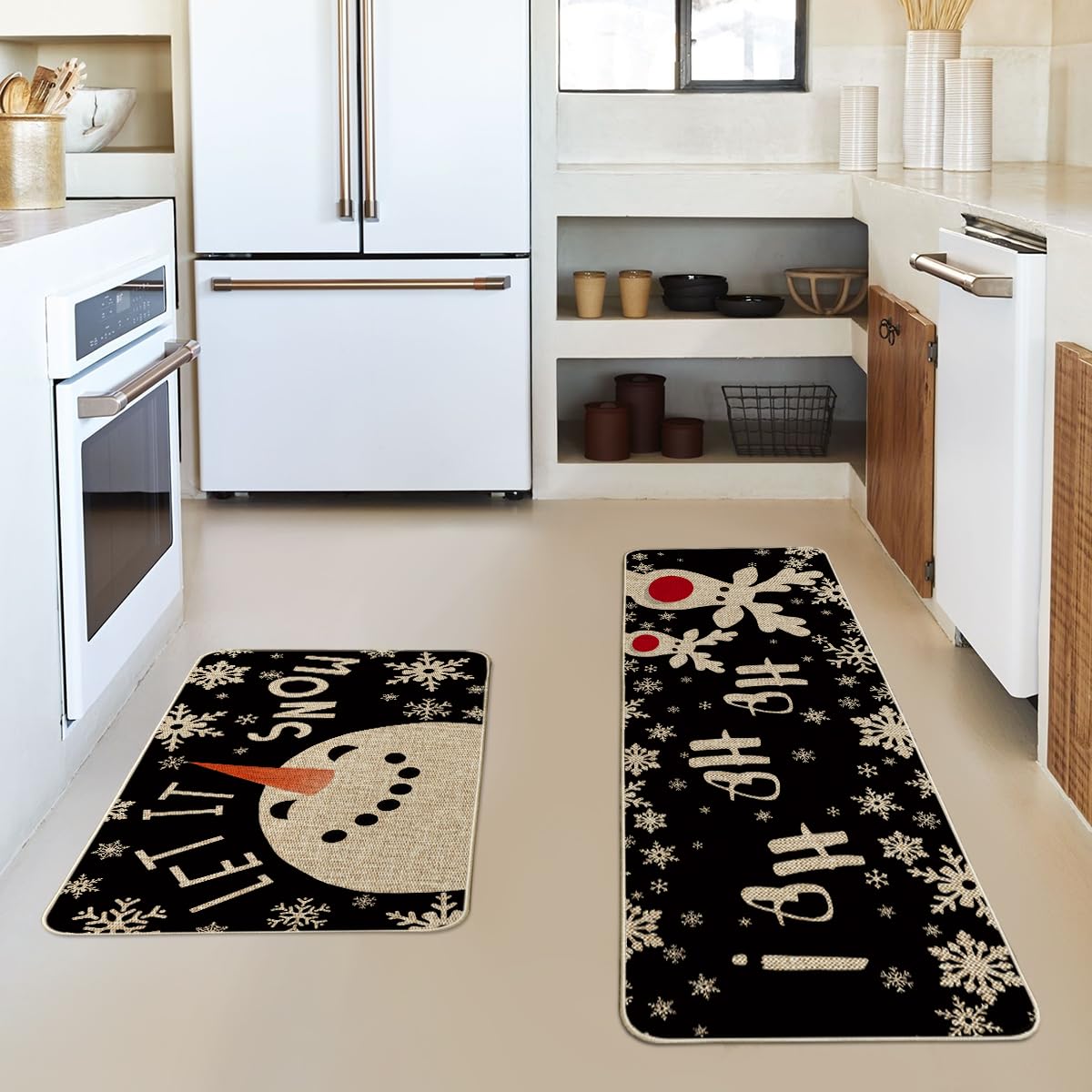 Snowman Deer Let It Snow Snowflake Christmas Kitchen Mats Set of 2, Winter Decor