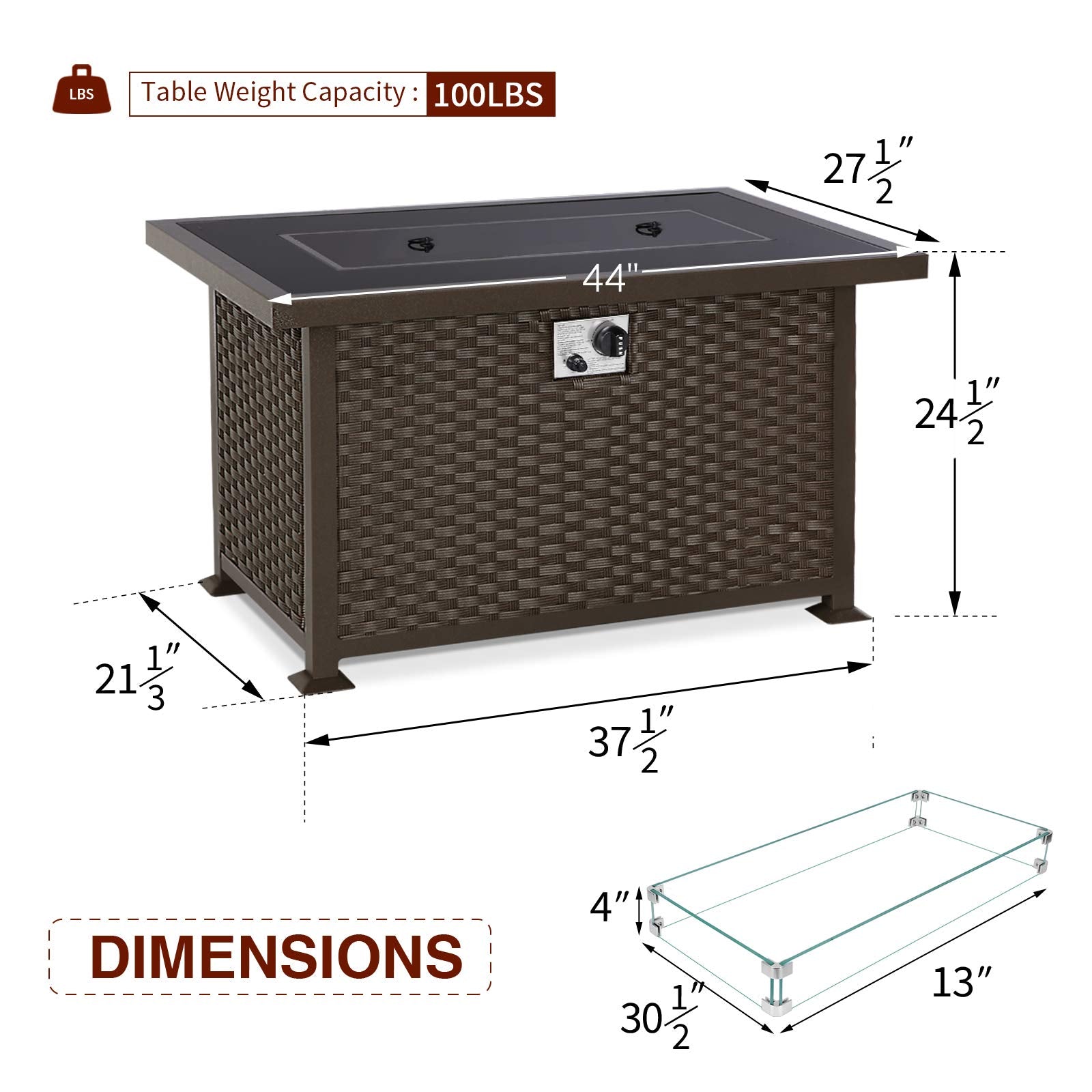 44in Outdoor Propane Gas Fire Pit Table, 50,000 BTU Auto-Ignition Gas Firepit with Glass Wind Guard