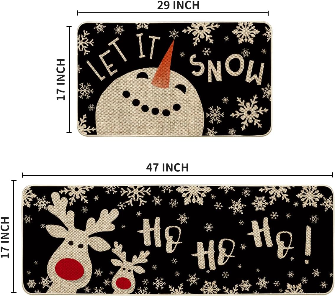 Snowman Deer Let It Snow Snowflake Christmas Kitchen Mats Set of 2, Winter Decor