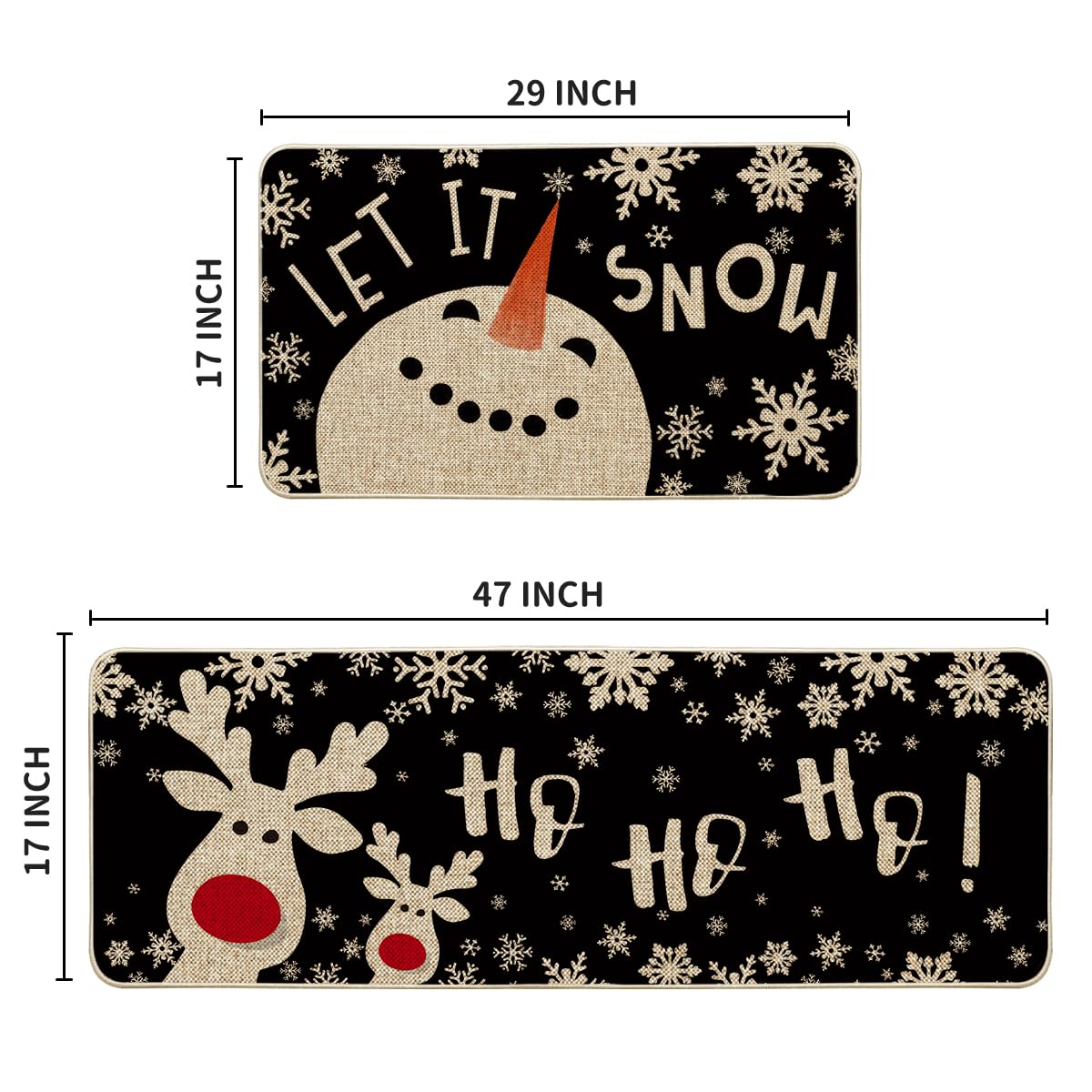 Snowman Deer Let It Snow Snowflake Christmas Kitchen Mats Set of 2, Winter Decor