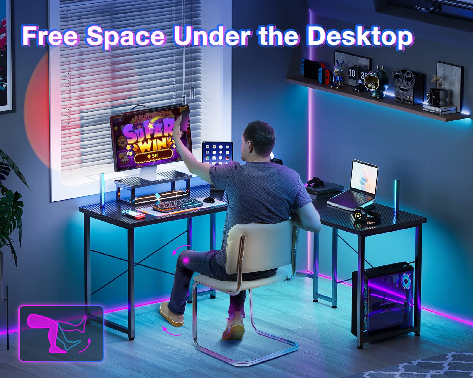 L Shaped Gaming Desk, 51 Inch Computer Desk with Monitor Stand, PC Gaming Desk