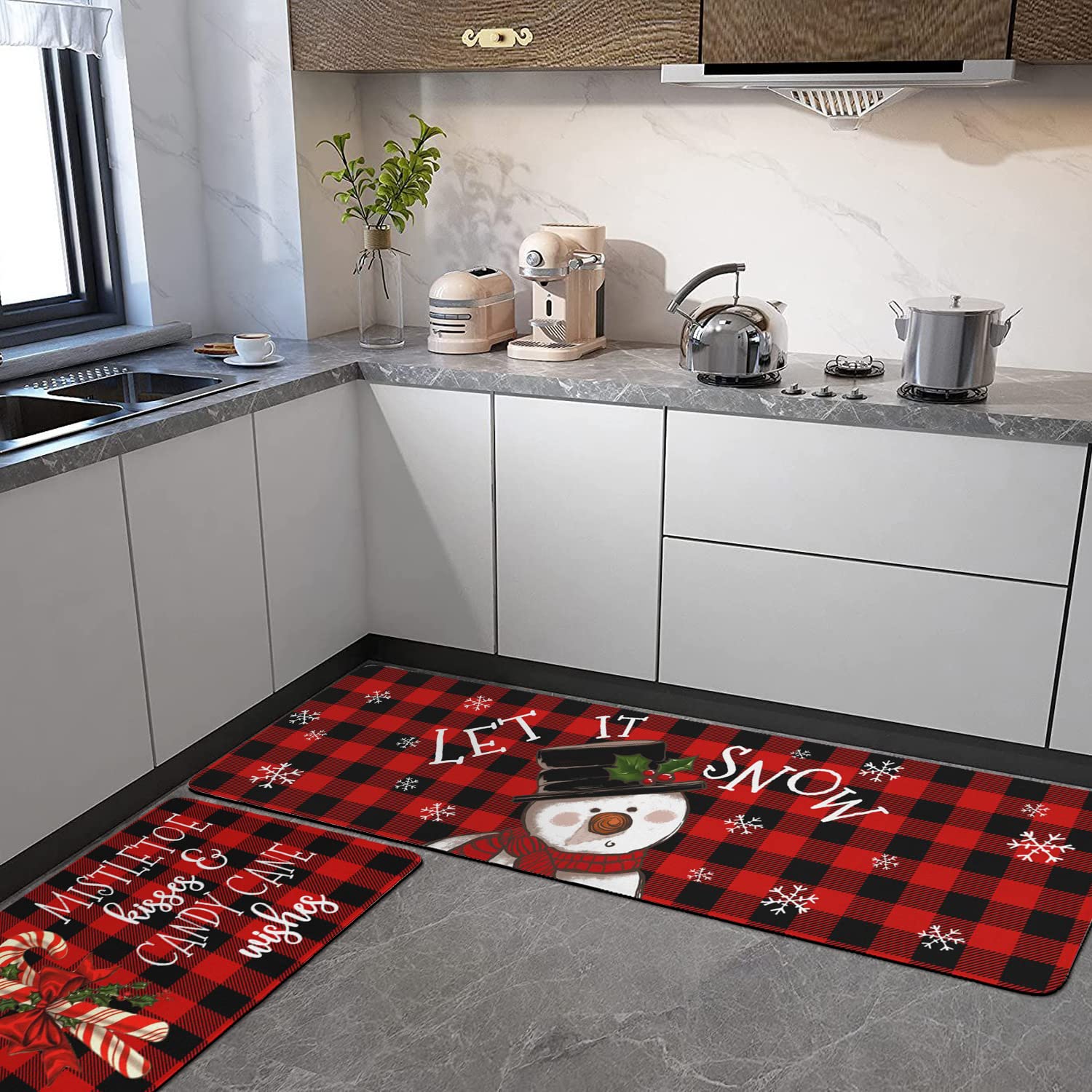 Buffalo Plaid Snowman Christmas Kitchen Rugs and Mats Set 2 Piece for Floor