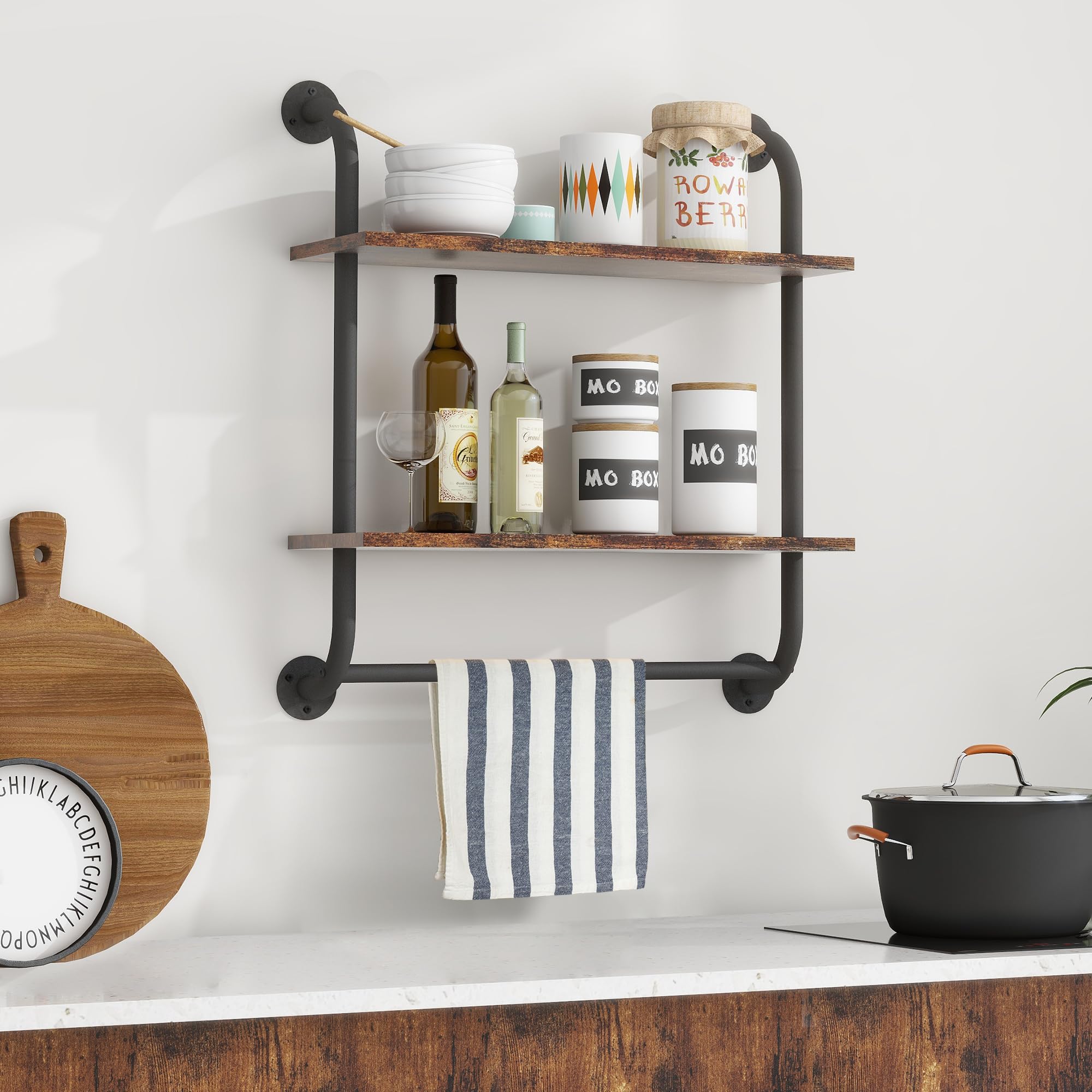 2 Tier 24 Inch Bathroom Wall Shelf with Towel Bar, Rustic Industrial Pipe Shelves for Wall