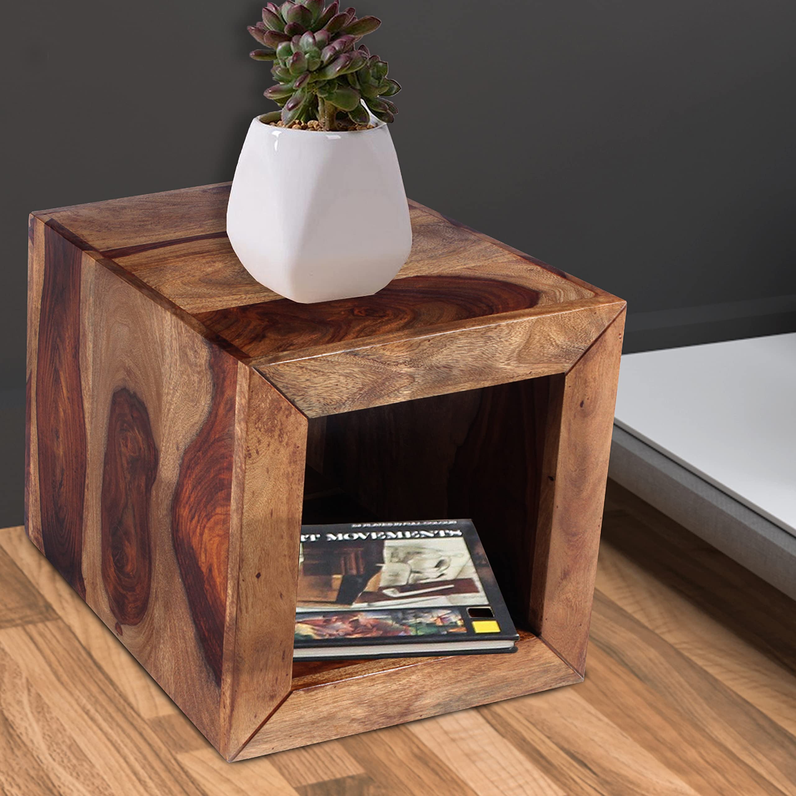 Cube Shape Rosewood Side Table with Cutout Bottom, Brown