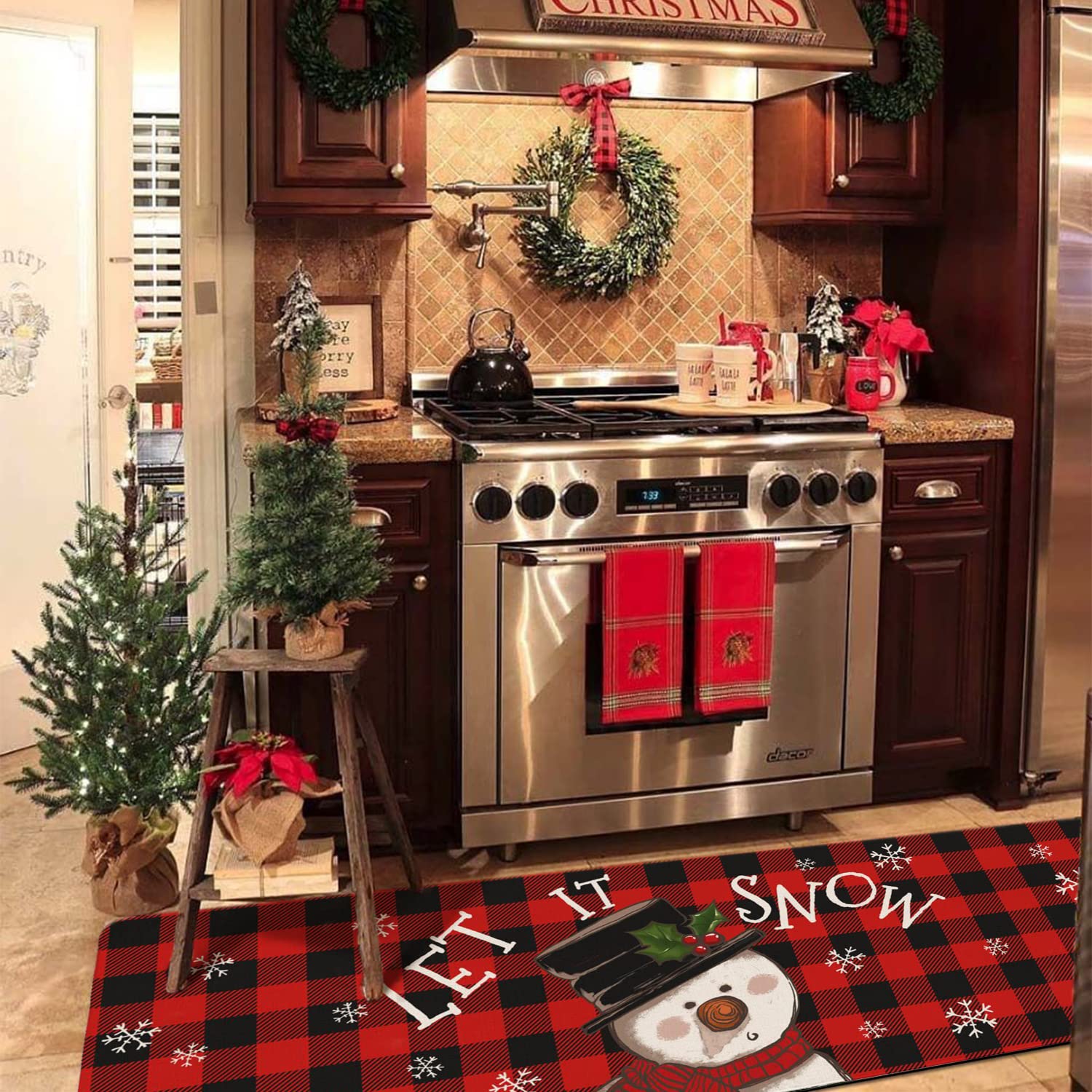 Buffalo Plaid Snowman Christmas Kitchen Rugs and Mats Set 2 Piece for Floor