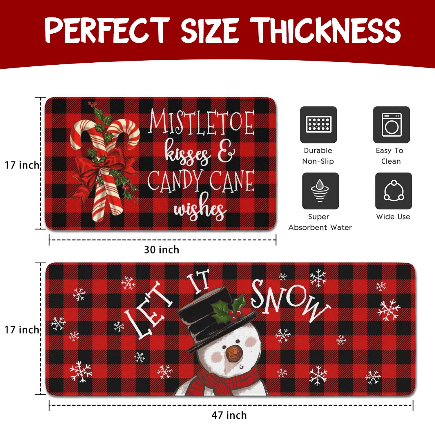 Buffalo Plaid Snowman Christmas Kitchen Rugs and Mats Set 2 Piece for Floor