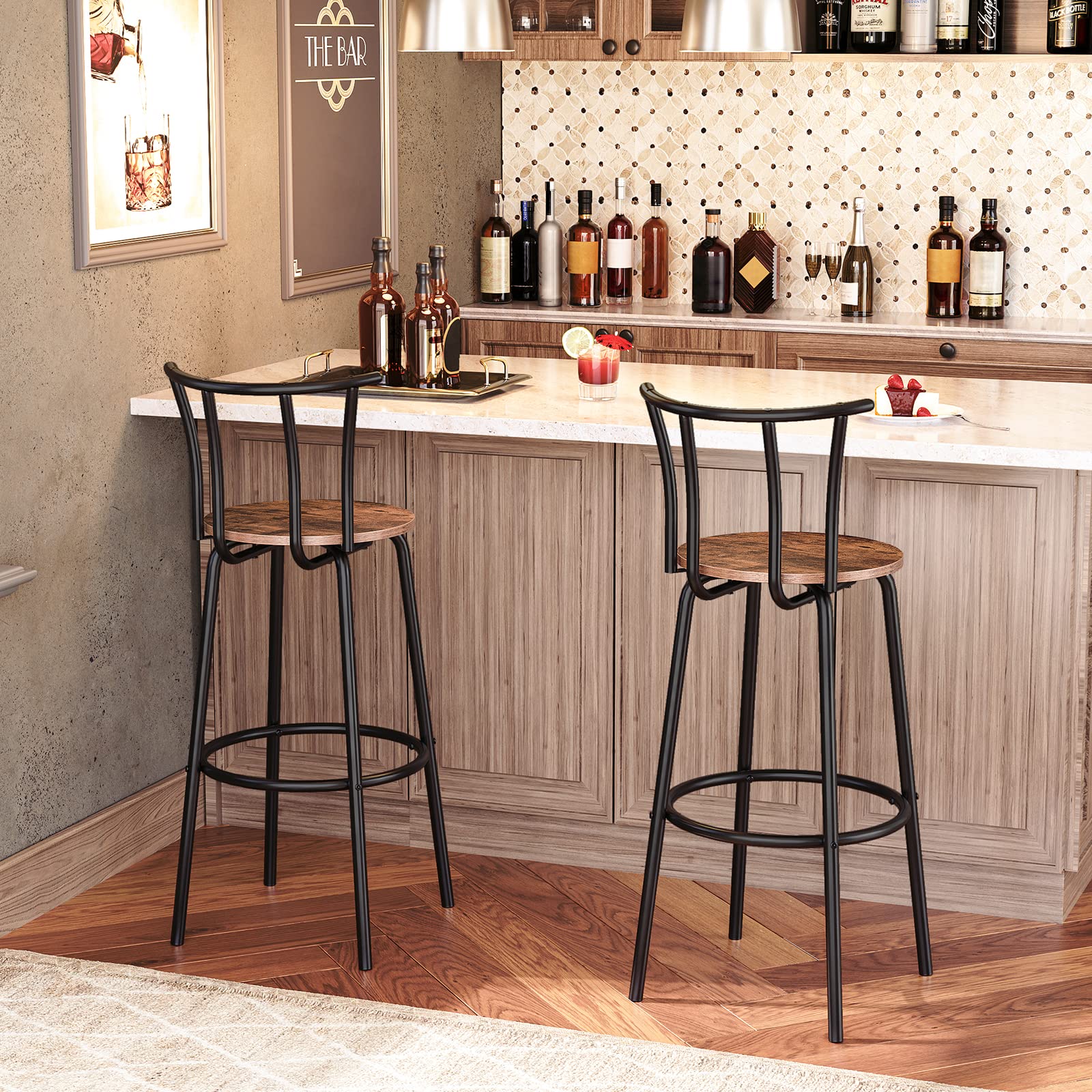 Bar Stools with Back, Set of 2 Bar Chairs, 27.8 Inch Counter Height bar stools