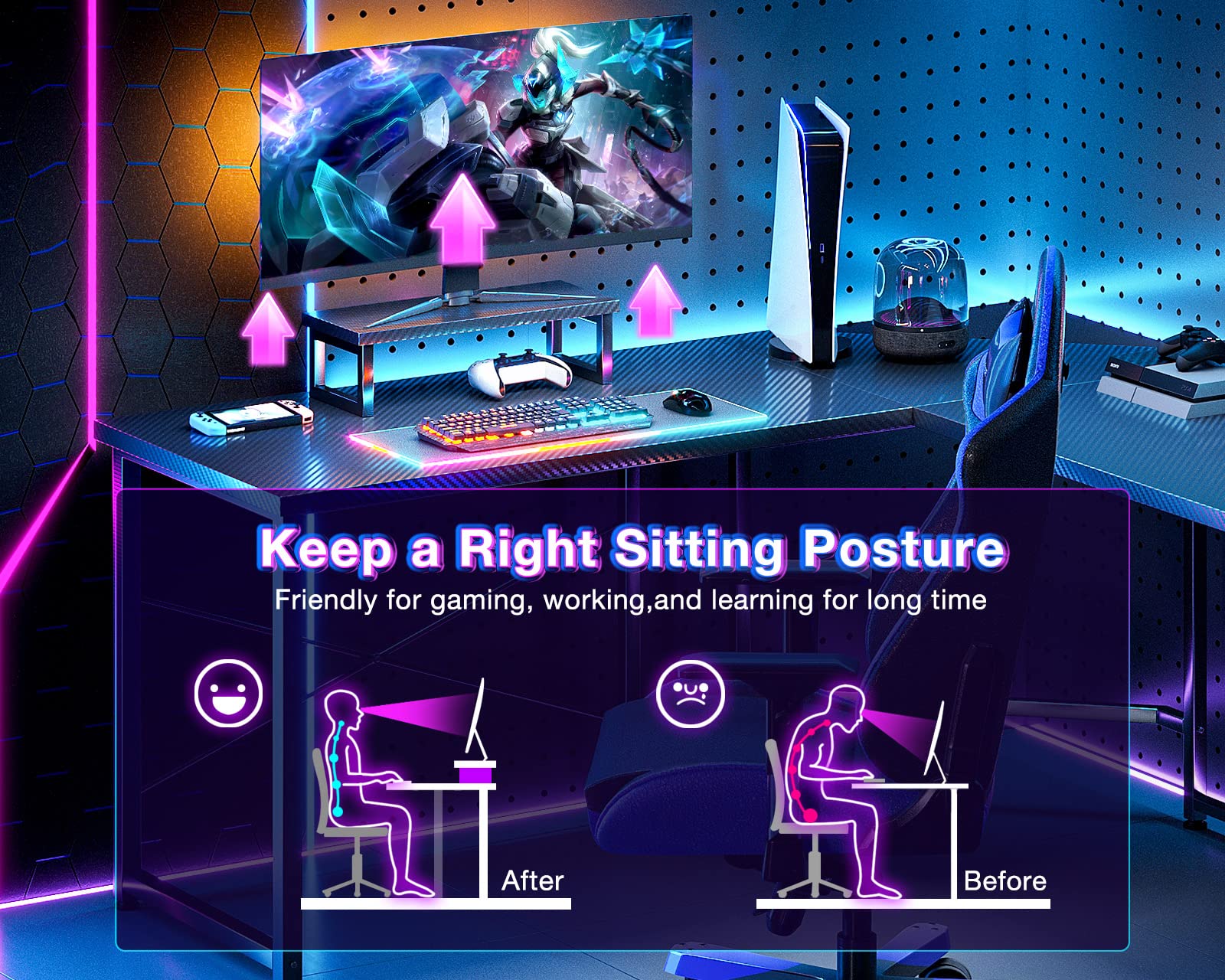 L Shaped Gaming Desk, 51 Inch Computer Desk with Monitor Stand, PC Gaming Desk