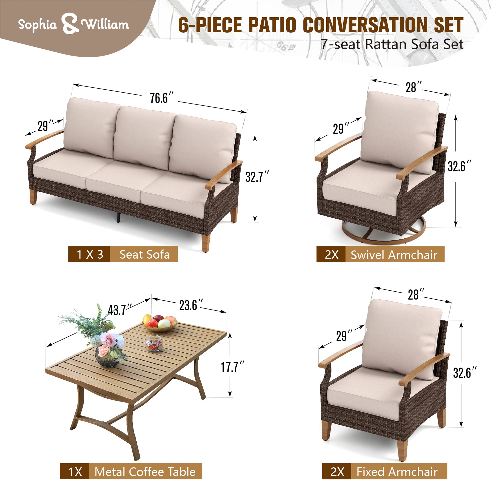 6-Piece Patio Wicker Furniture Set Sectional Rattan Armrest Sofa Outdoor Conversation Set