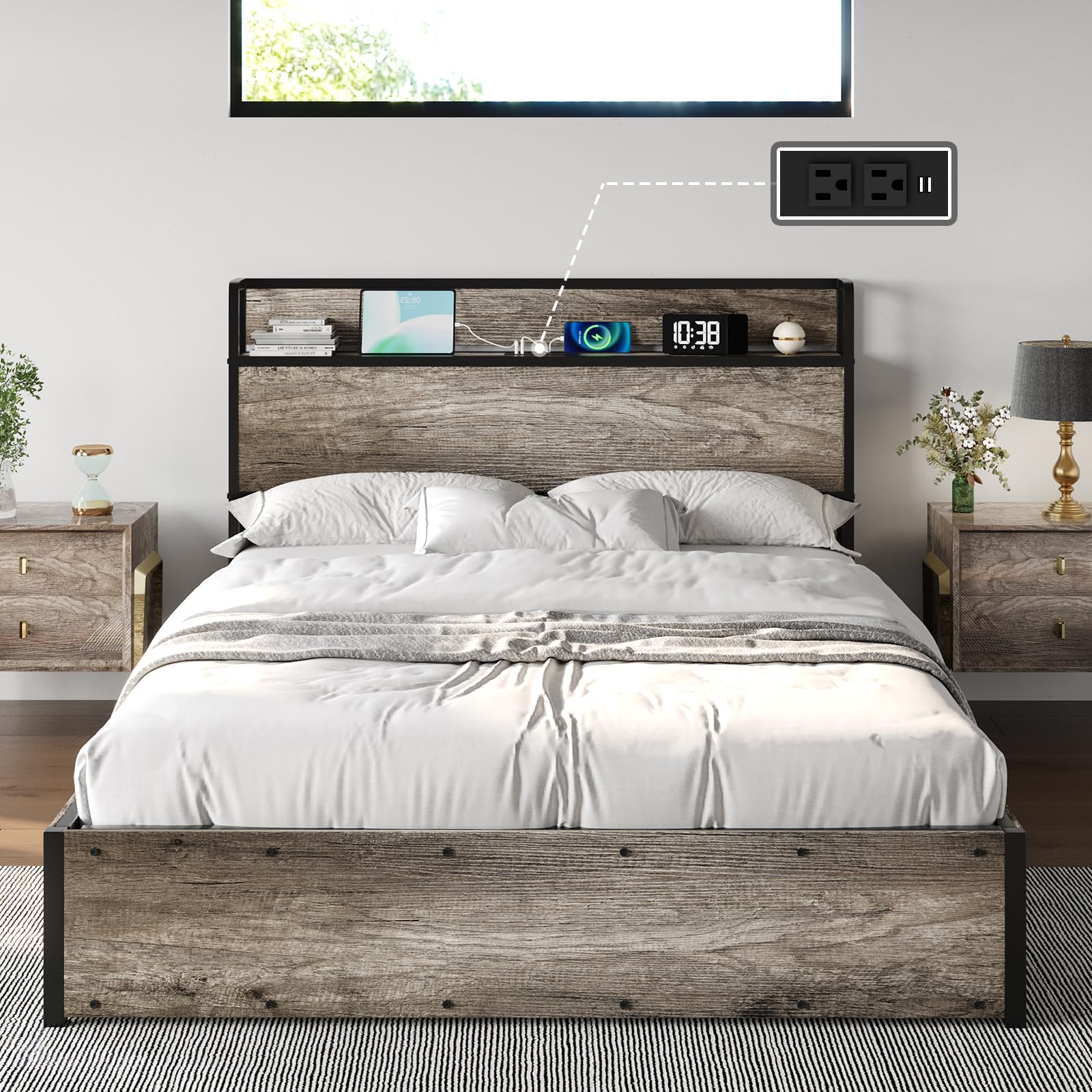 Full Size Lift Up Storage Bed Frame, Wooden Platform Bed Frame with Lifting Storage & Charging Station