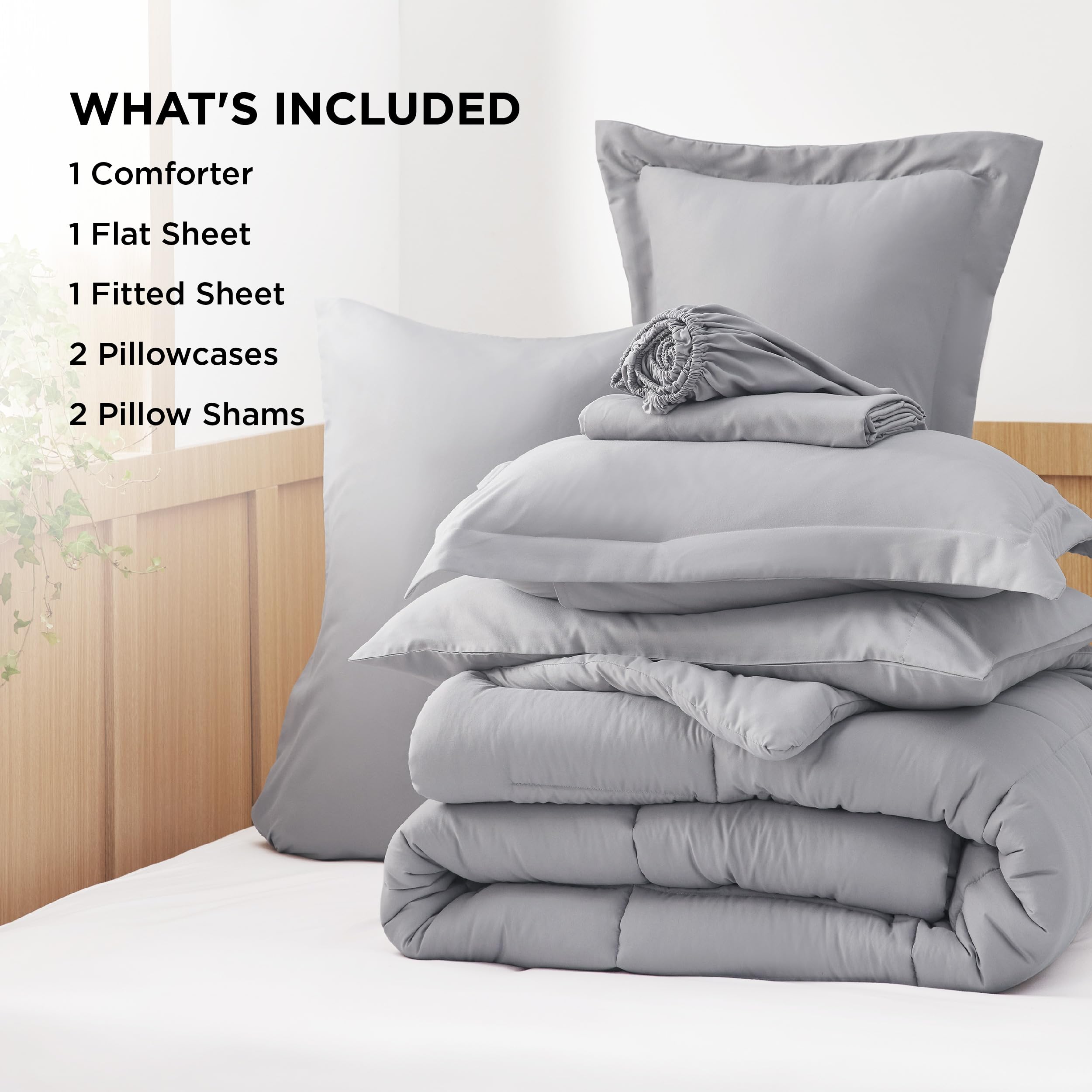Queen Comforter Set - 7 Pieces Solid Grey Queen Bed in a Bag, Bedding Sets Queen