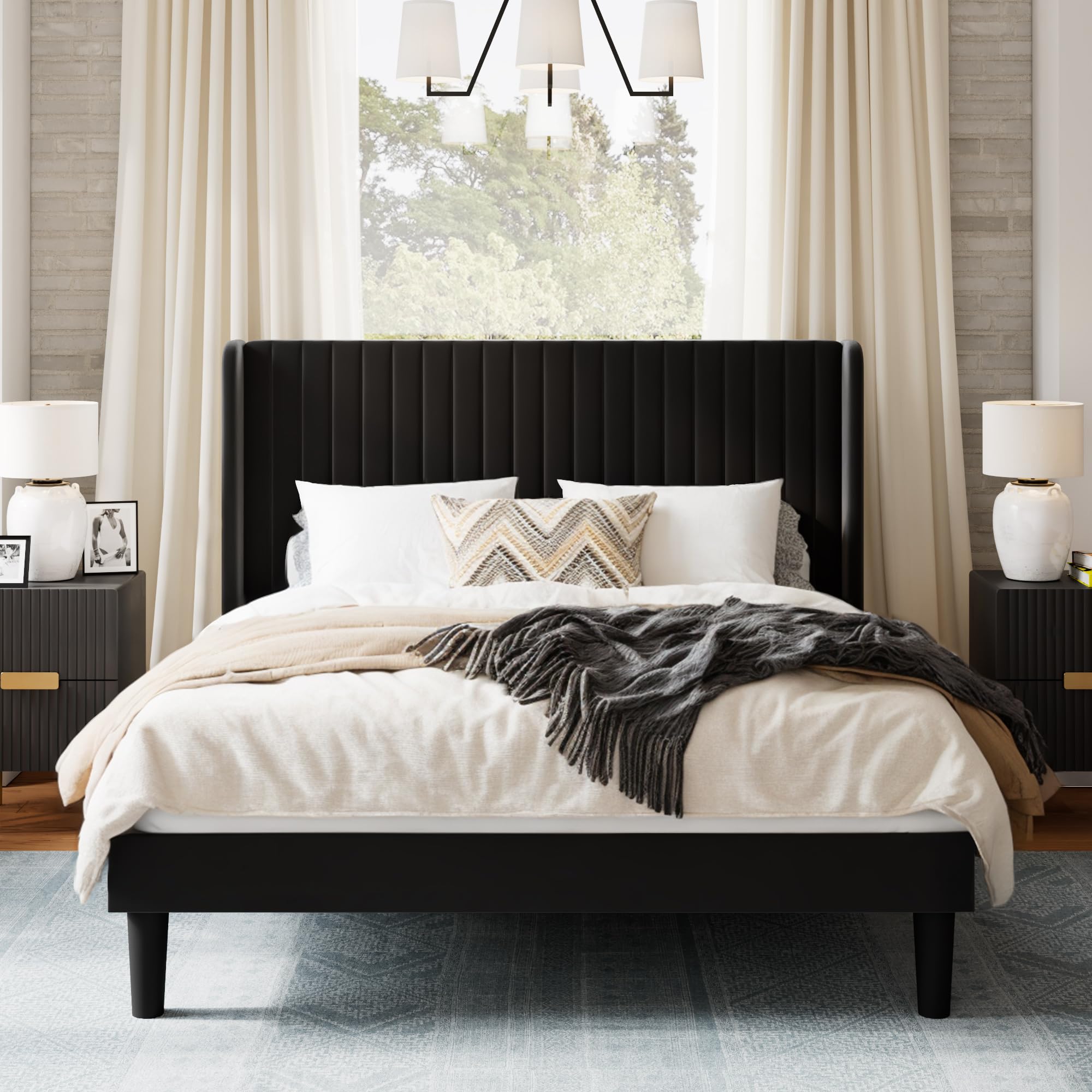 Queen Size Velvet Bed Frame with Vertical Channel Tufted Wingback Headboard