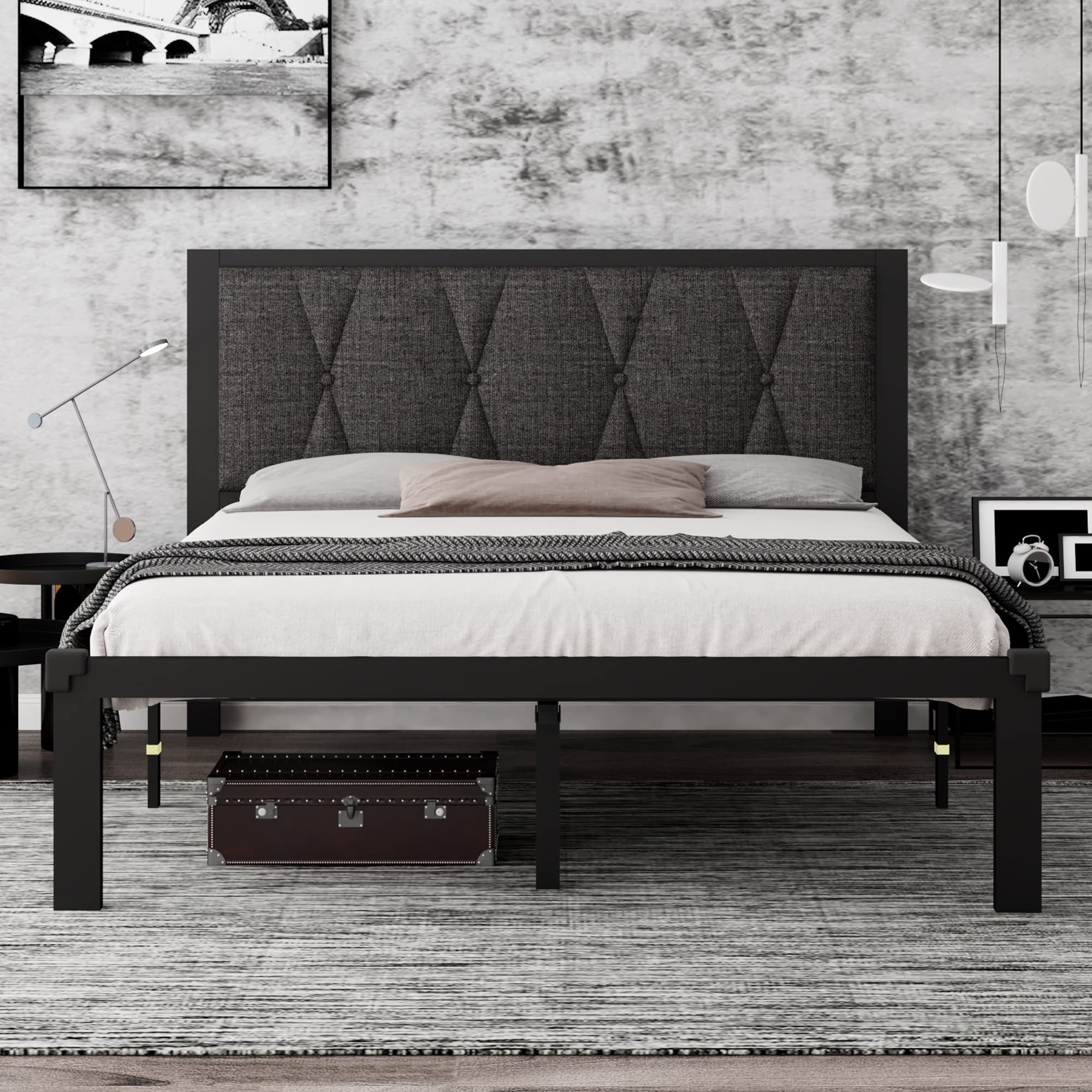 Queen Metal Platform Bed Frame with Upholstered Headboard, Upgraded Heavy Duty Bed