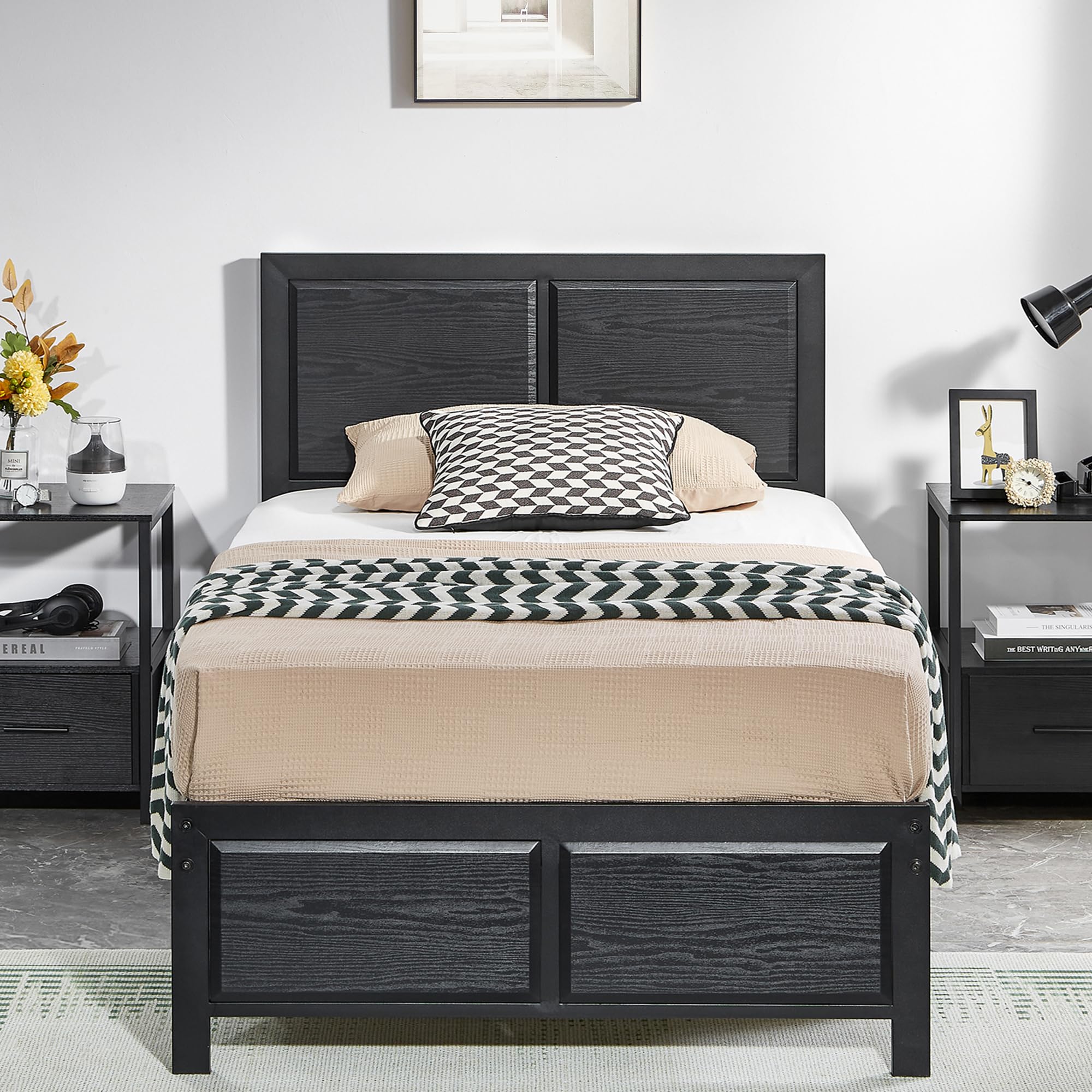 Twin Size Platform Bed Frame with Black Wood Headboard, Mattress Foundation