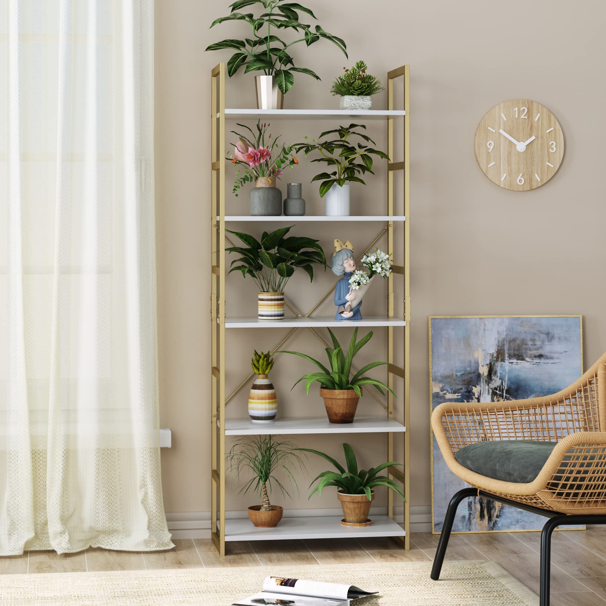 5 Tier Bookshelf, Industrial Gold Bookcase with Metal Frame, Modern Display Shelves