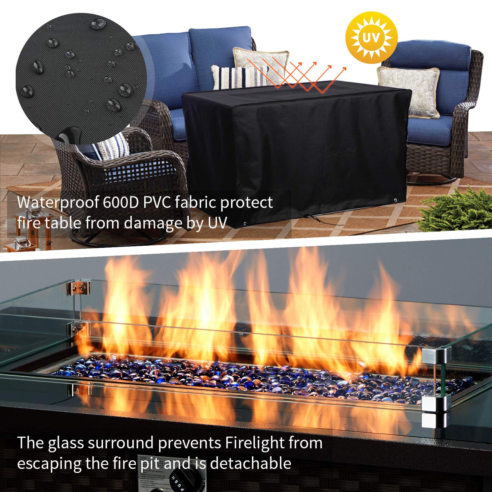 44in Outdoor Propane Gas Fire Pit Table, 50,000 BTU Auto-Ignition Gas Firepit with Glass Wind Guard