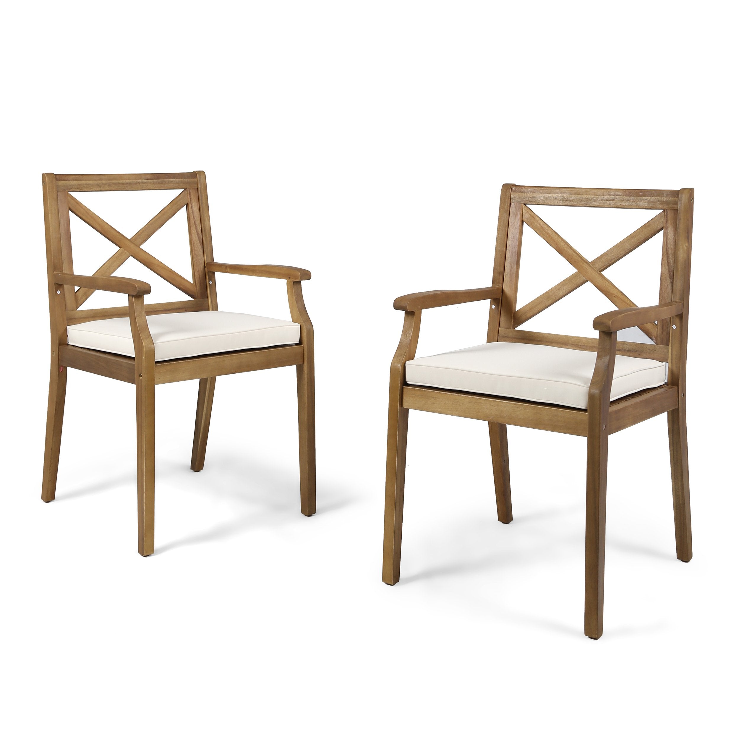 Peter Outdoor Acacia Wood Dining Chair Set of 2, Teak/Cream Cushion