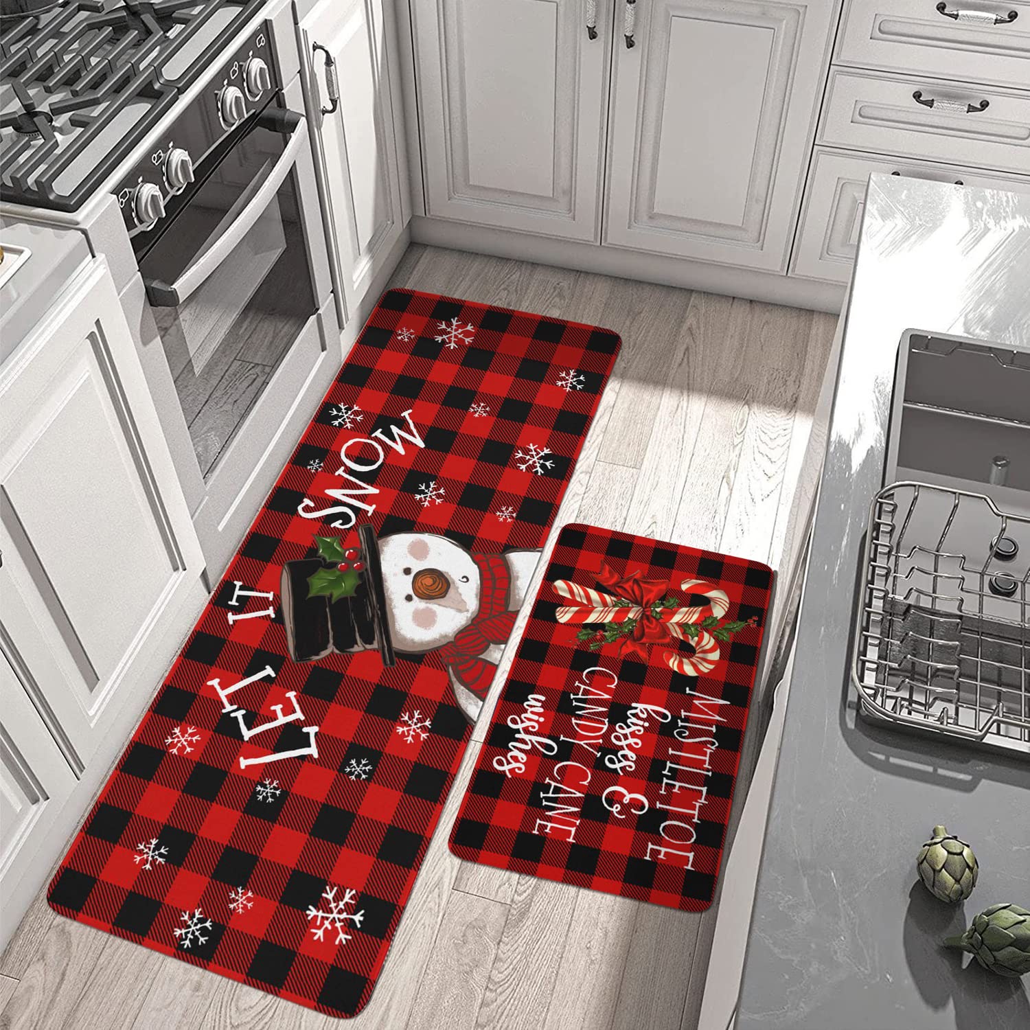 Buffalo Plaid Snowman Christmas Kitchen Rugs and Mats Set 2 Piece for Floor