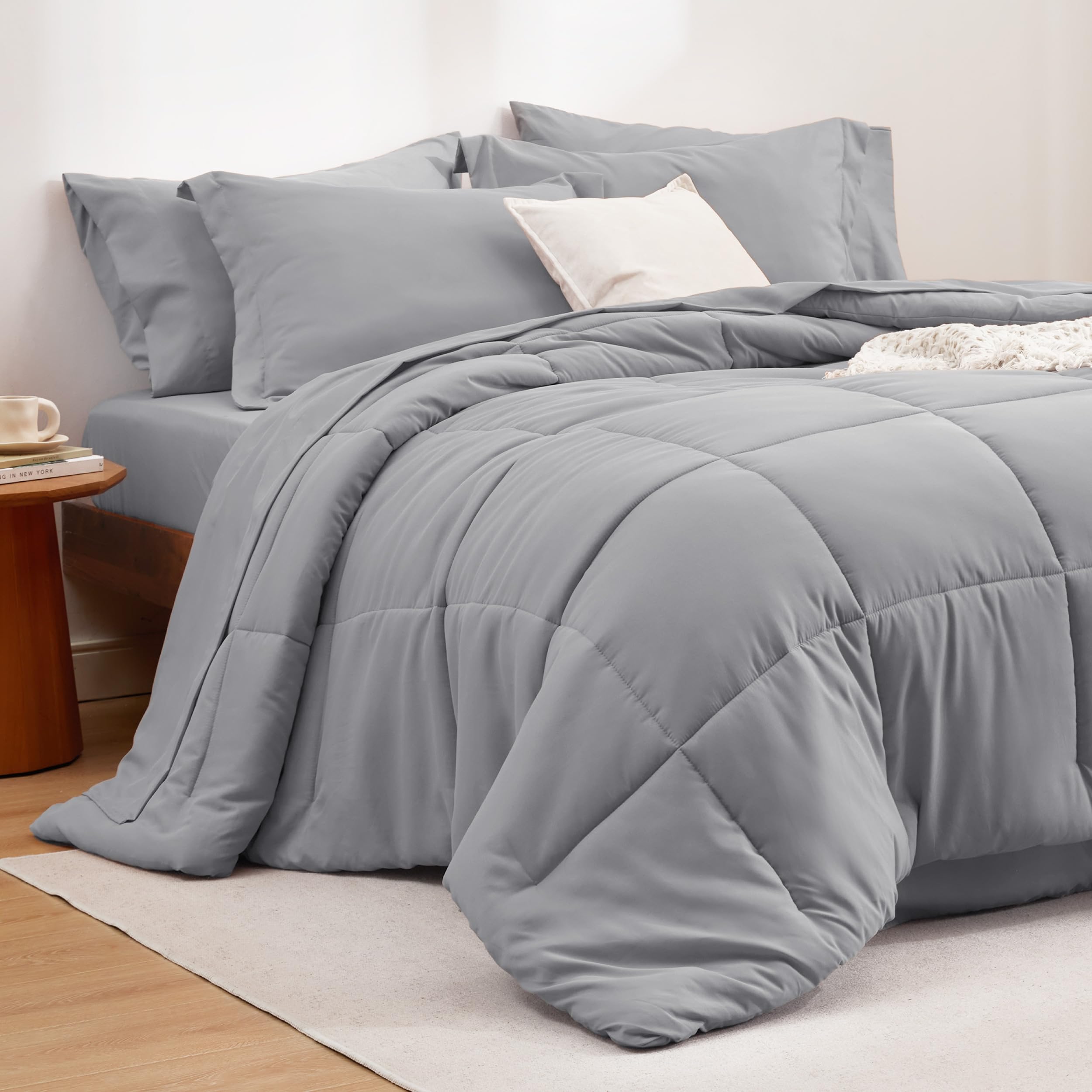 Queen Comforter Set - 7 Pieces Solid Grey Queen Bed in a Bag, Bedding Sets Queen