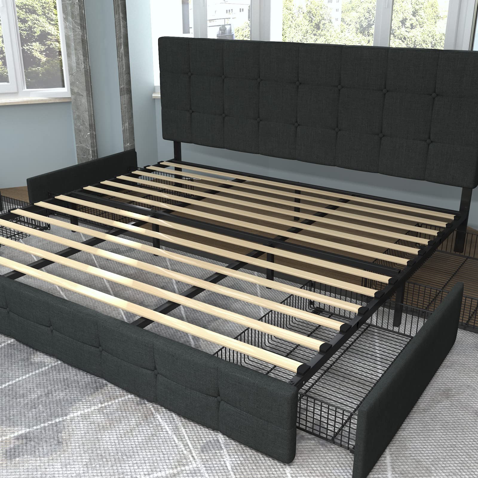 Upholstered King Size Platform Bed Frame with 4 Storage Drawers and Headboard