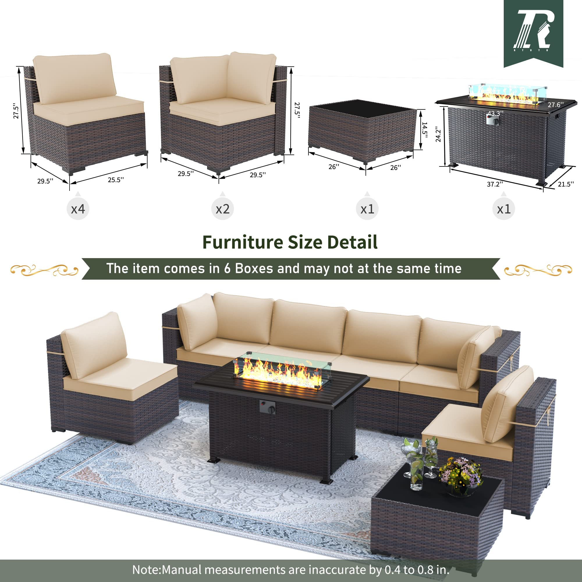 Outdoor Patio Furniture Set with Propane Fire Pit Table, 8 Pieces Outdoor Furniture