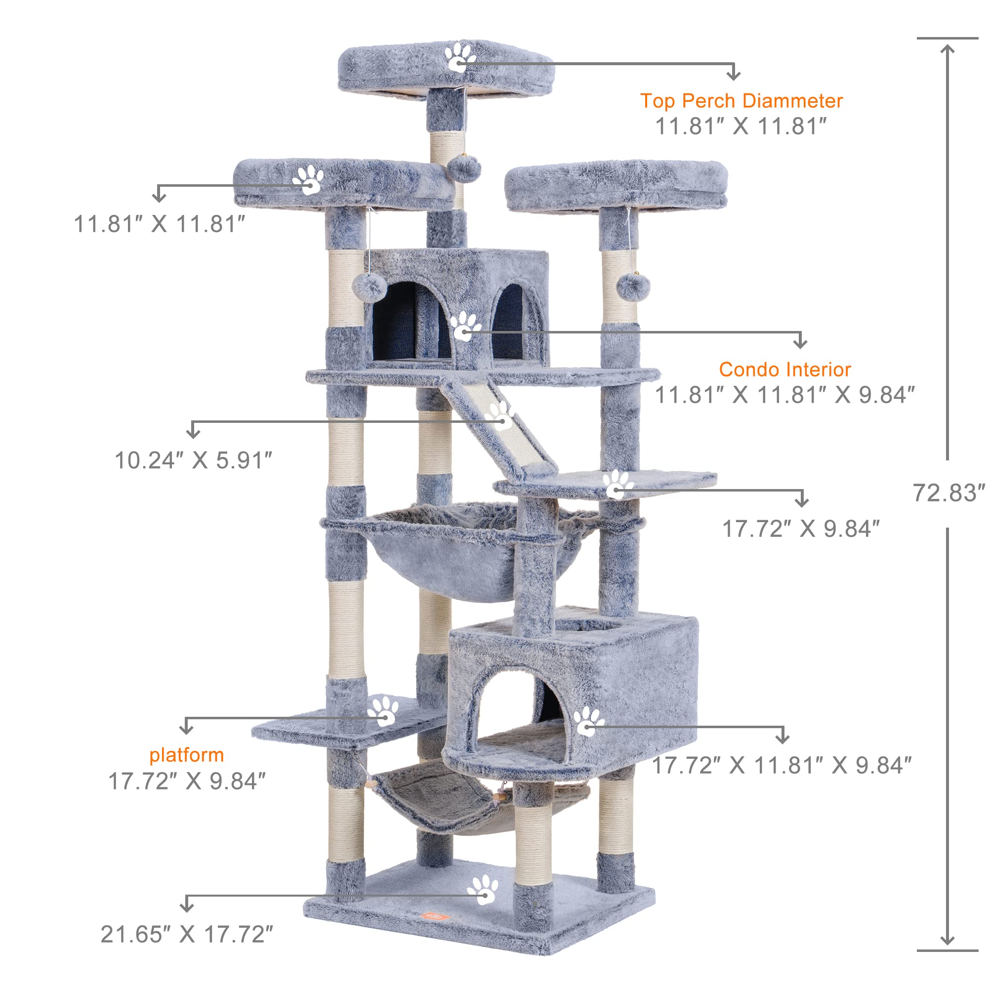 Cat Tree, 73 inches Tall Cat Tower for Large Cats 20 lbs Heavy Duty for Indoor Cats,Big