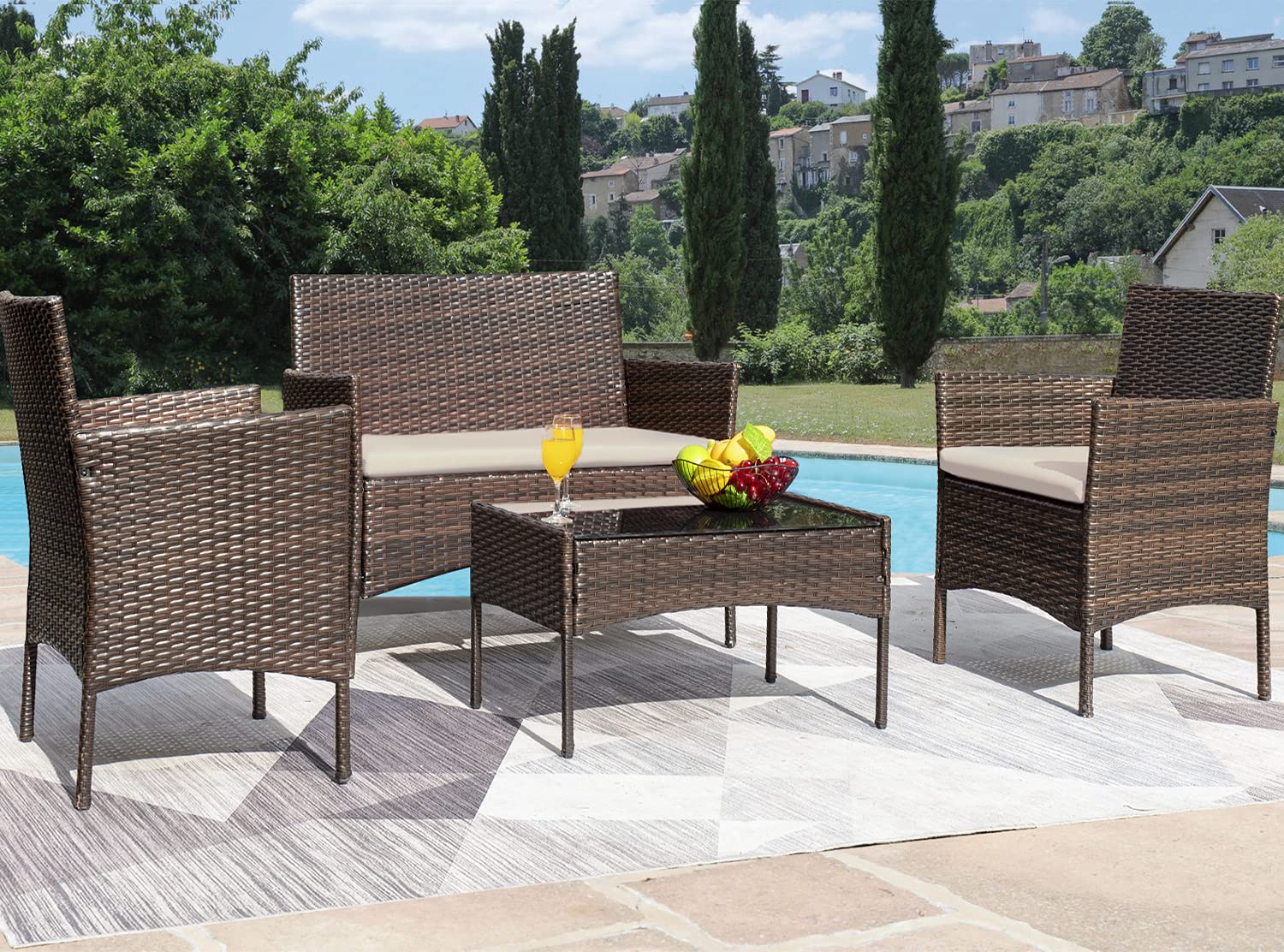 Patio Furniture 4 Pieces Conversation Sets Outdoor Wicker Rattan Chairs Garden Backyard