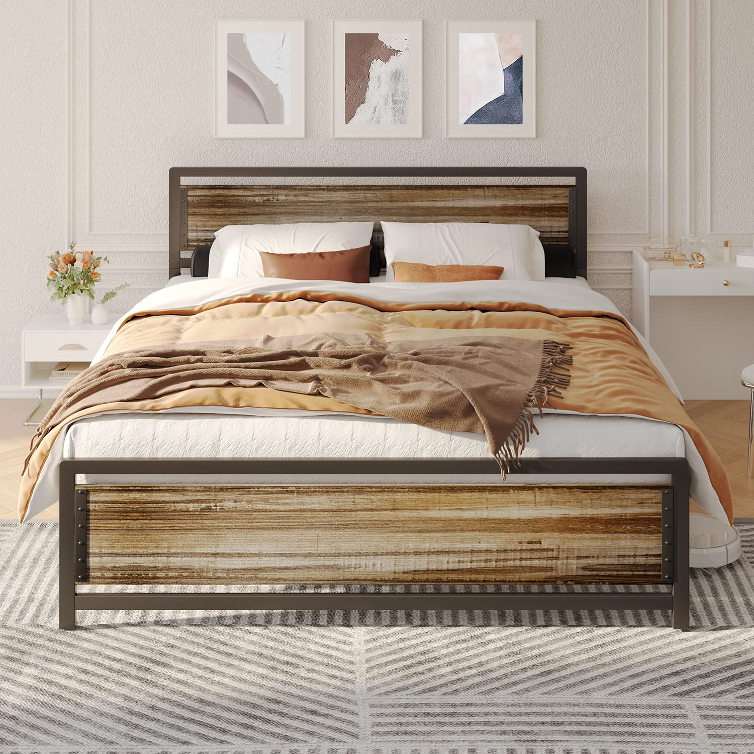 Queen Size Bed Frame, Metal Platform Bed with Wooden Headboard with Rivet