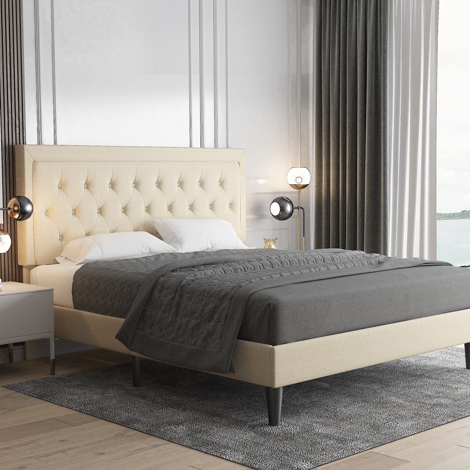 Queen Size Button Tufted Platform Bed Frame/Fabric Upholstered Bed Frame