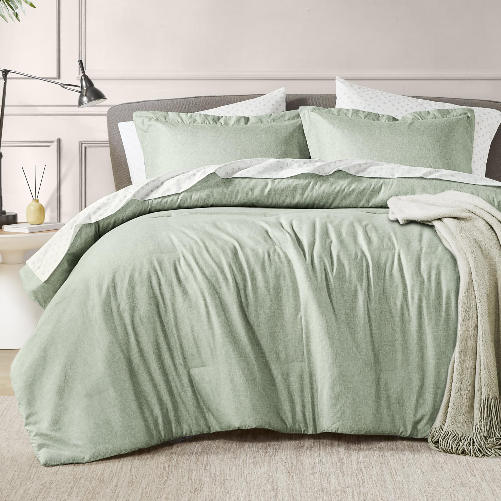 7 Pieces Bed in a Bag, Sage Green Comforter Set with Sheets, Queen Size, Chambray Print, All Season Luxury Microfiber Bedset, Complete 7-Piece Including Comforter, Sheets, Pillowcases & Sham