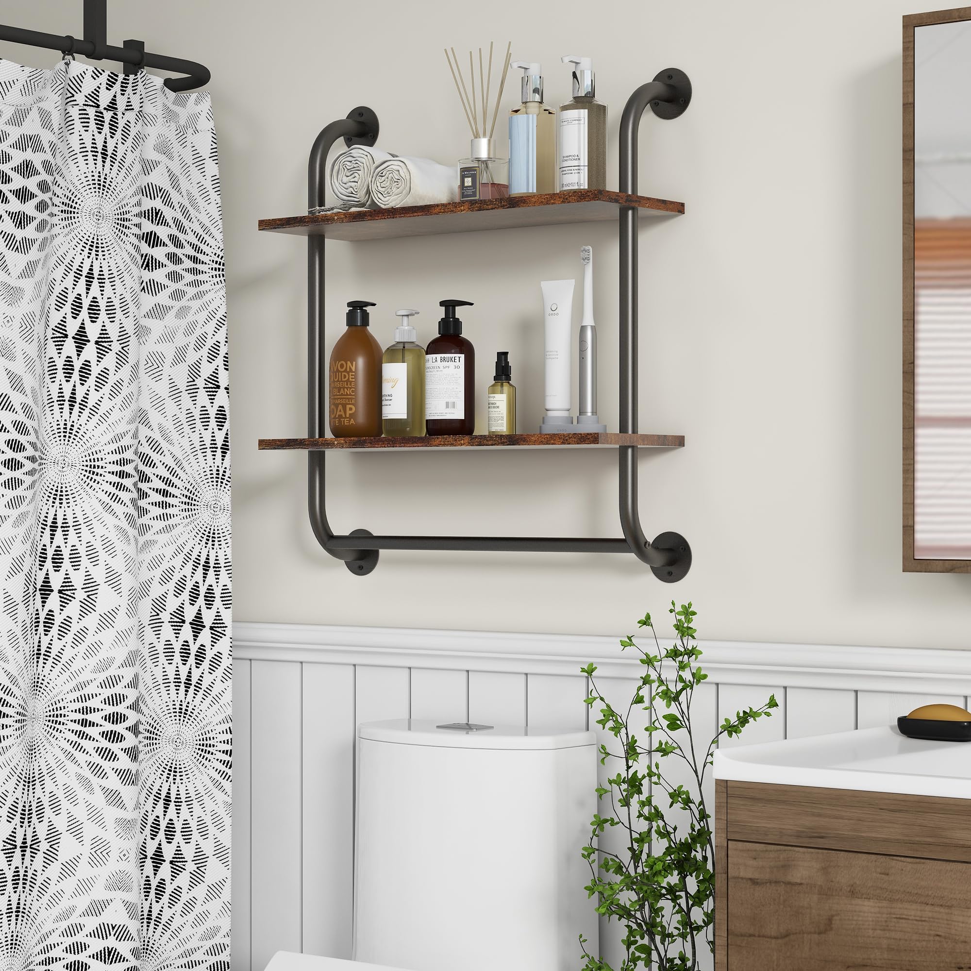 2 Tier 24 Inch Bathroom Wall Shelf with Towel Bar, Rustic Industrial Pipe Shelves for Wall