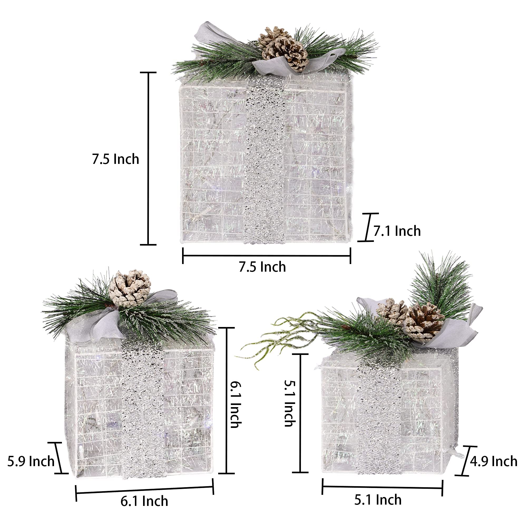 Set of 3 Christmas Lighted Gift Boxes, Plug in 60 LED Light Up Tinsel Present Box