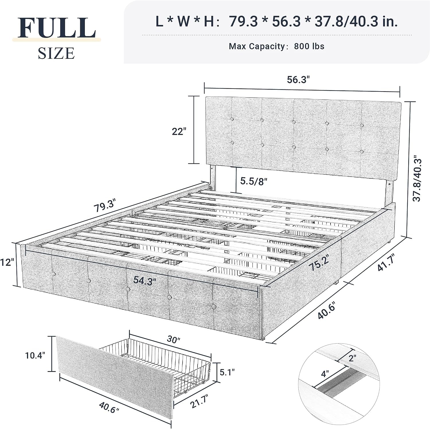 Upholstered Full Size Platform Bed Frame with 4 Storage Drawers and Headboard, Square