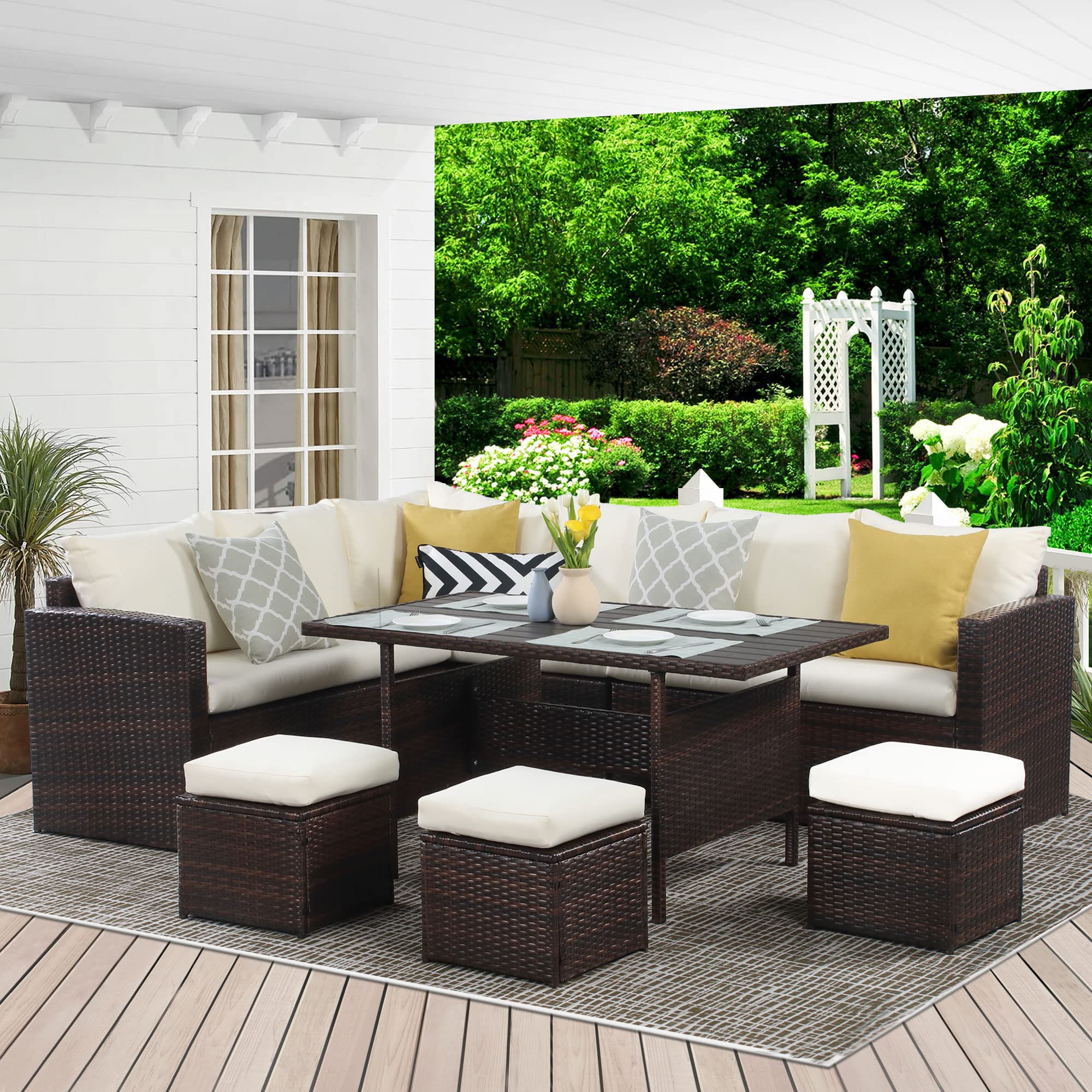 Patio Furniture Set, 7 Piece Outdoor Dining Sectional Sofa with Dining Table and Chair