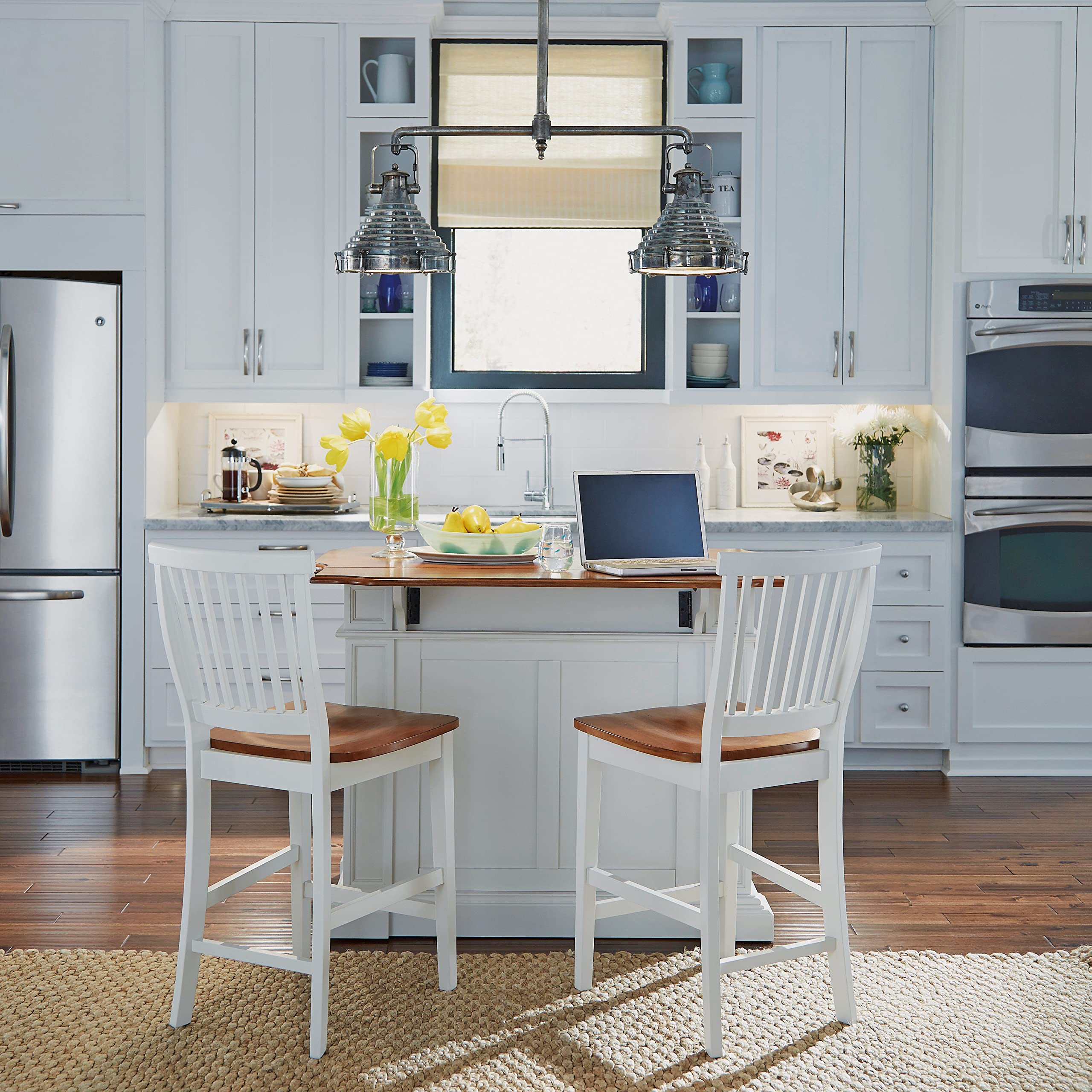 Americana White and Distressed Oak Kitchen Island and Stools by Home Styles