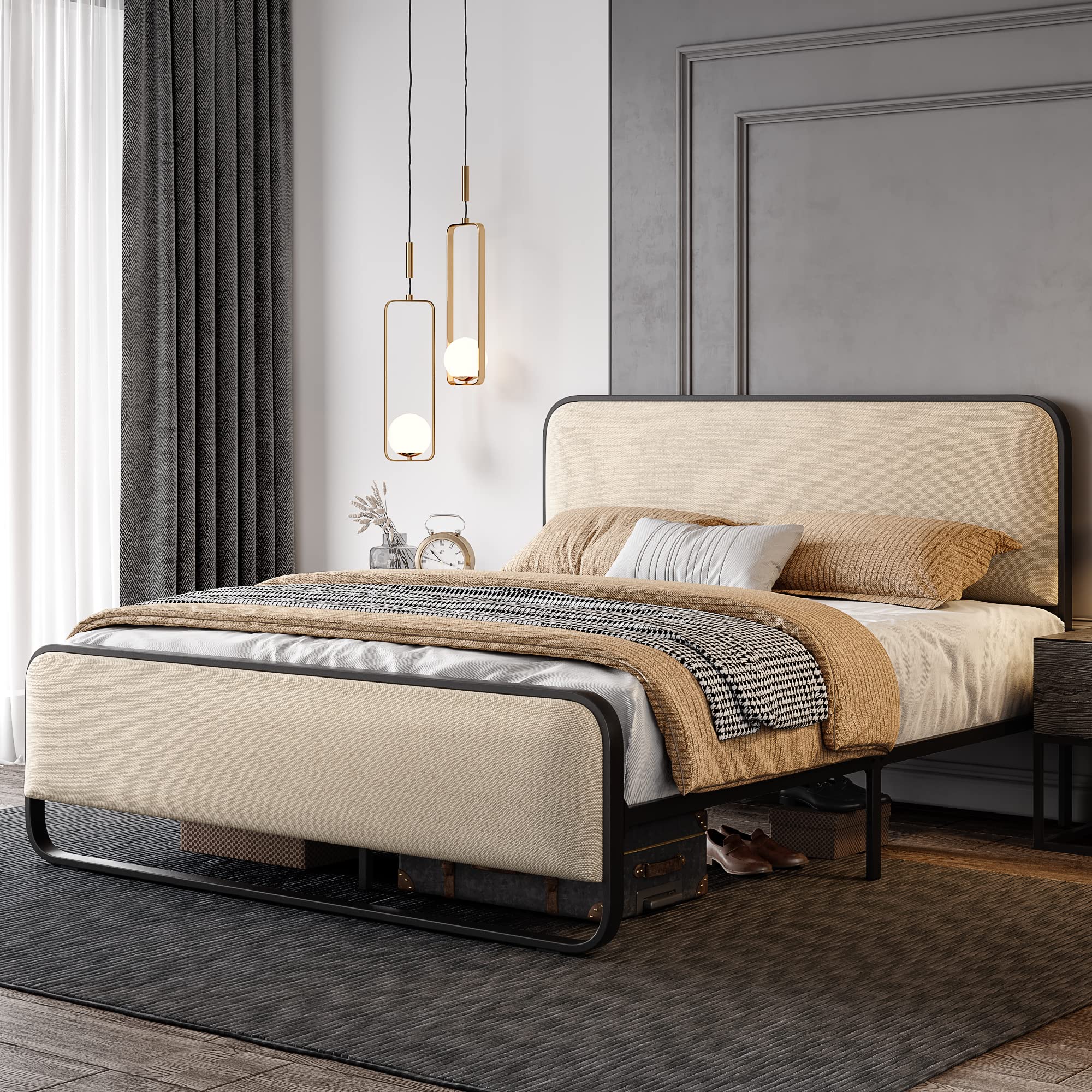 Full Size Platform Metal Bed Frame with Curved Upholstered Headboard and Footboard