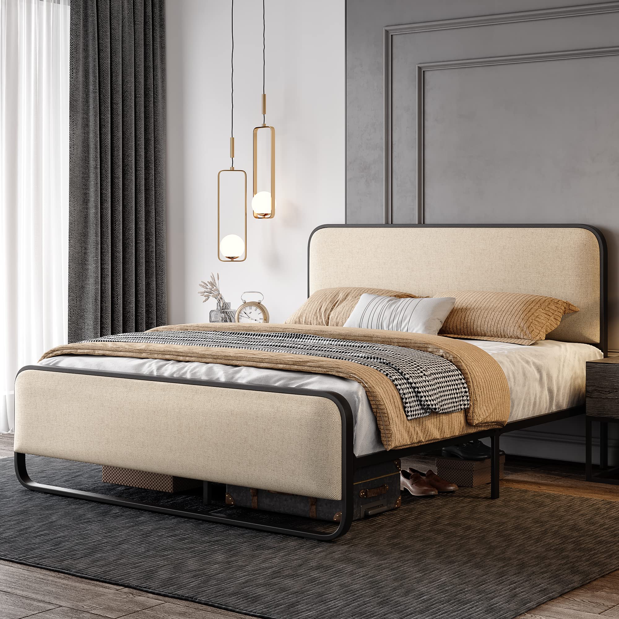 Queen Size Platform Metal Bed Frame with Curved Upholstered Headboard and Footboard