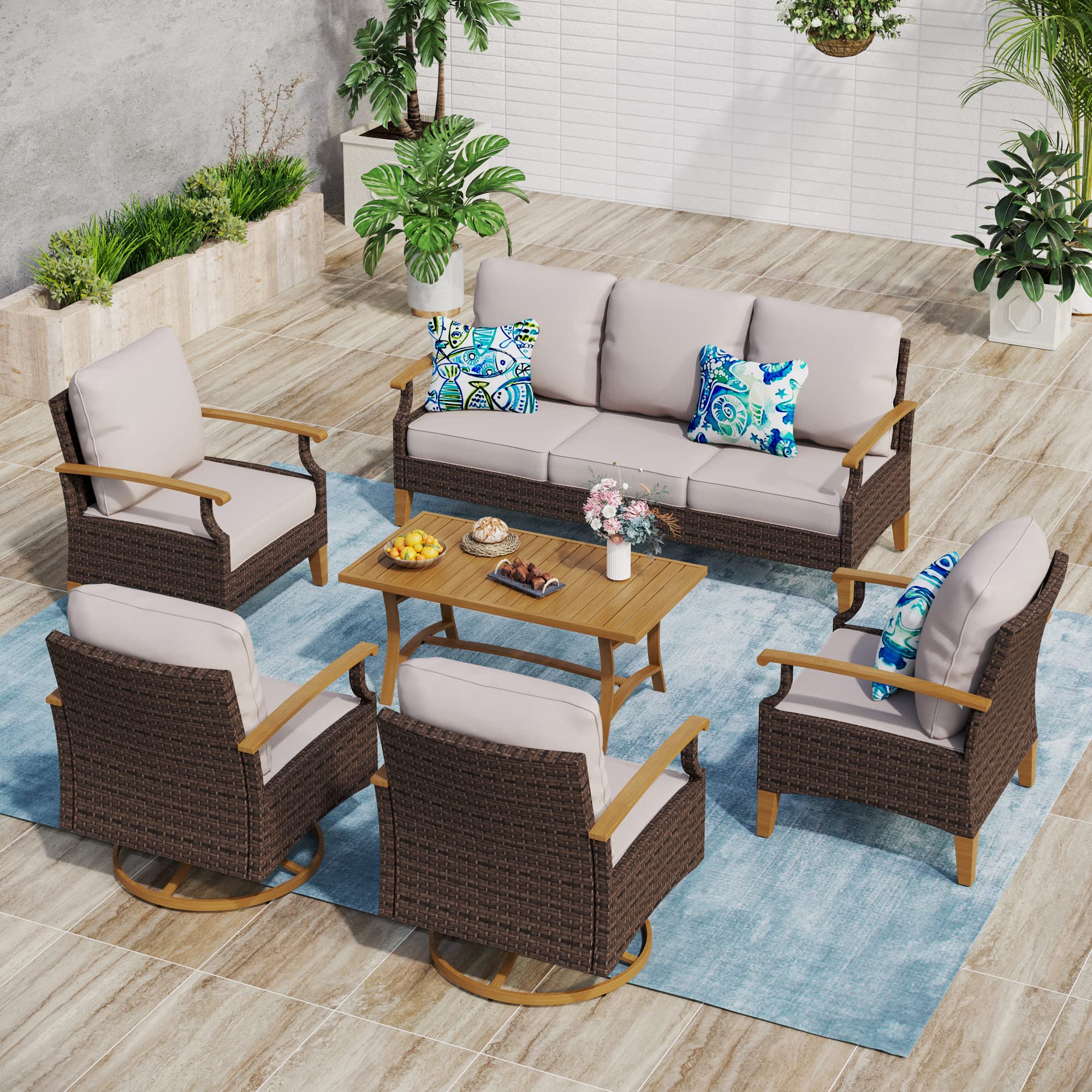 6-Piece Patio Wicker Furniture Set Sectional Rattan Armrest Sofa Outdoor Conversation Set