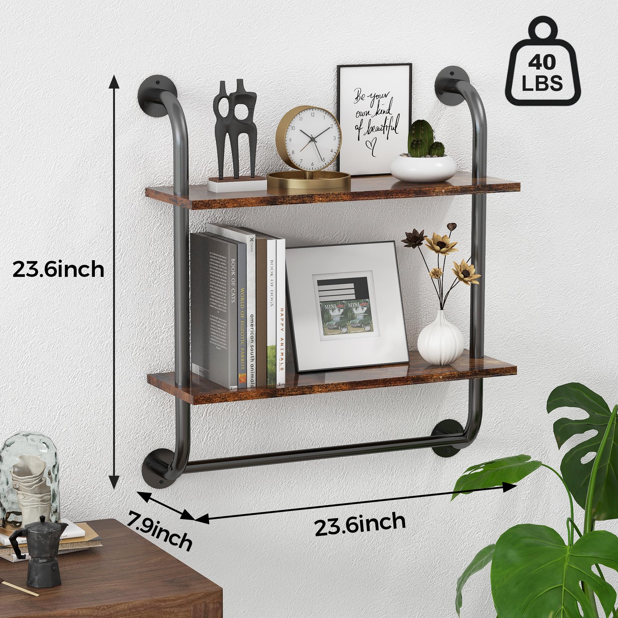 2 Tier 24 Inch Bathroom Wall Shelf with Towel Bar, Rustic Industrial Pipe Shelves for Wall