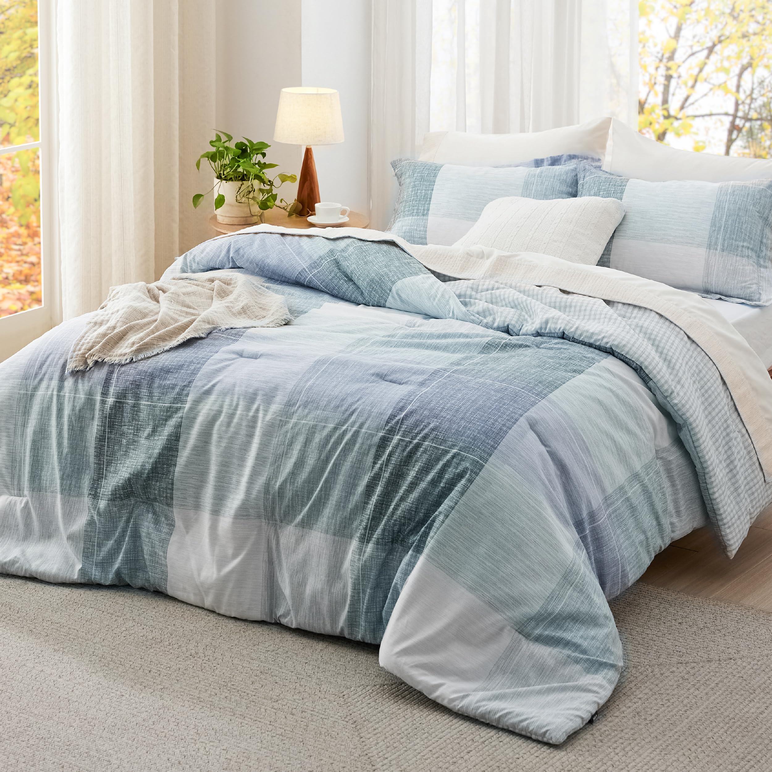 Plaid Comforter Set - Bedding Comforter Set Queen, Reversible Blue Buffalo Plaid Grid Comforter