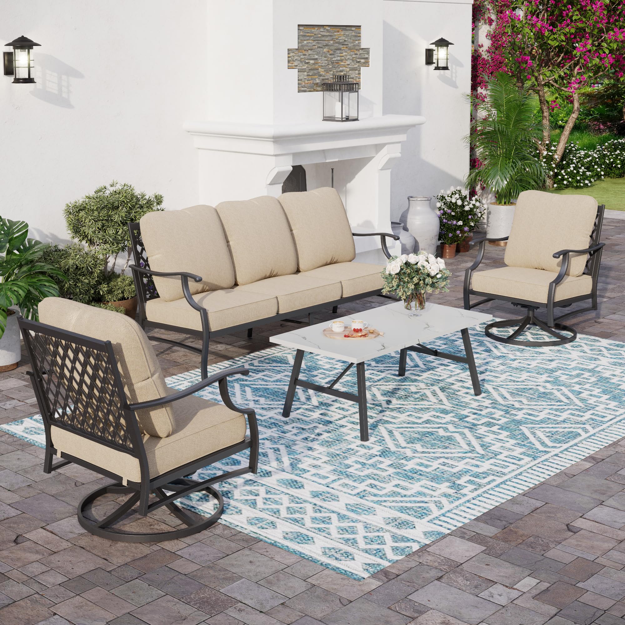 Patio Furniture Set, 4 Piece Modern Metal Outdoor Patio Furniture, 3 Seater Couch