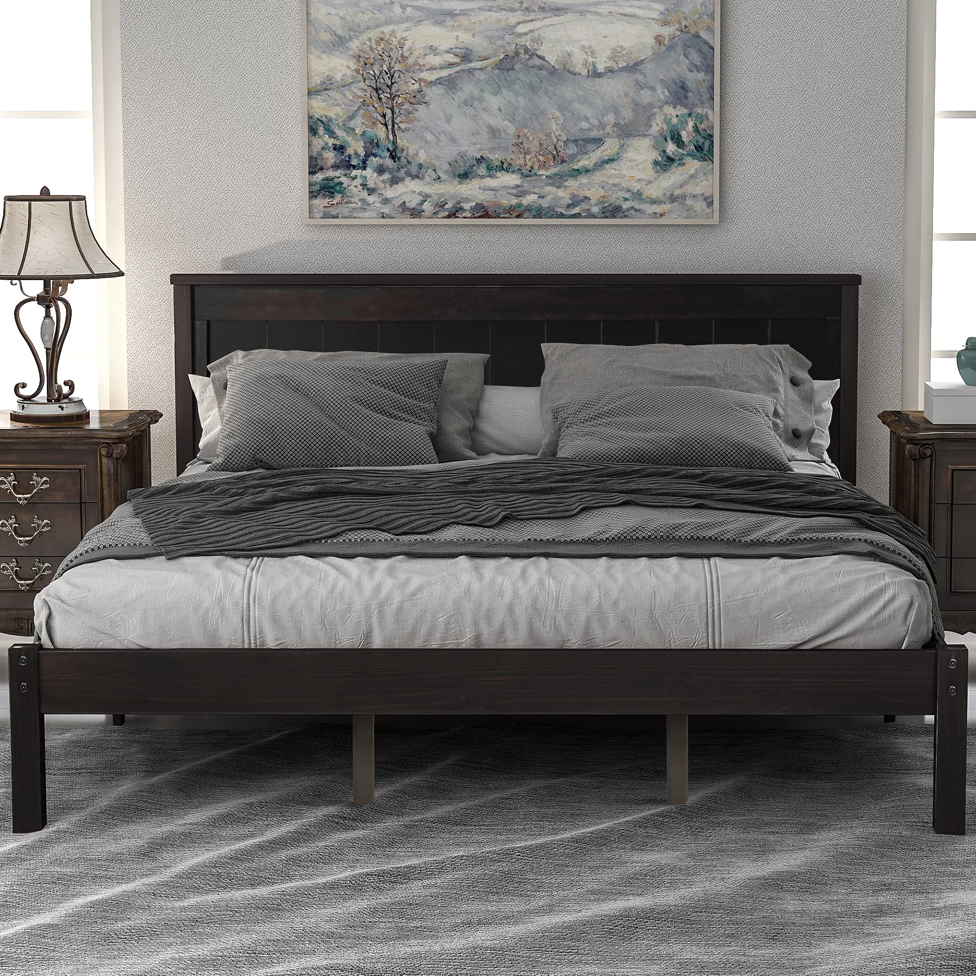 Queen Size Platform Bed Frame with Headboard, Wood Platform Bed with Slat Support