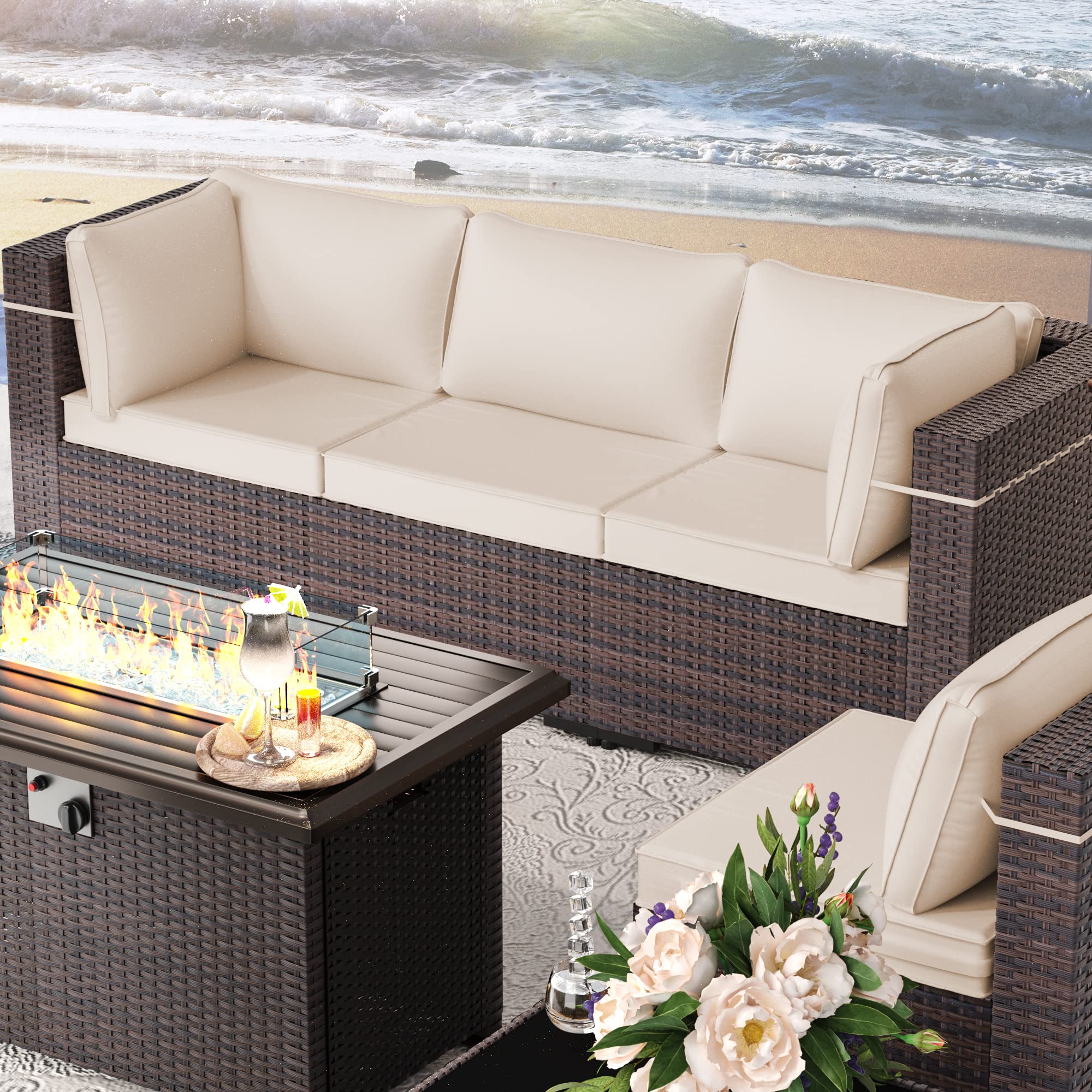 Outdoor Patio Furniture Set with Propane Fire Pit Table, 8 Pieces Outdoor Furniture